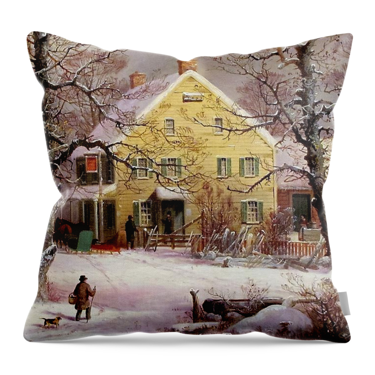 Winter Throw Pillow featuring the painting Winter Snow Scene by Currier and Ives