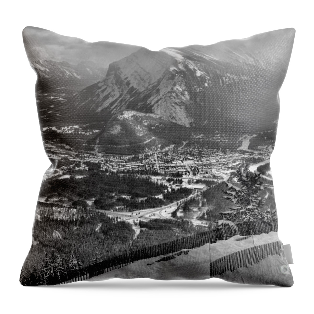 Mt Norquay Throw Pillow featuring the photograph Winter Views From Mt. Norquay Black And White by Adam Jewell