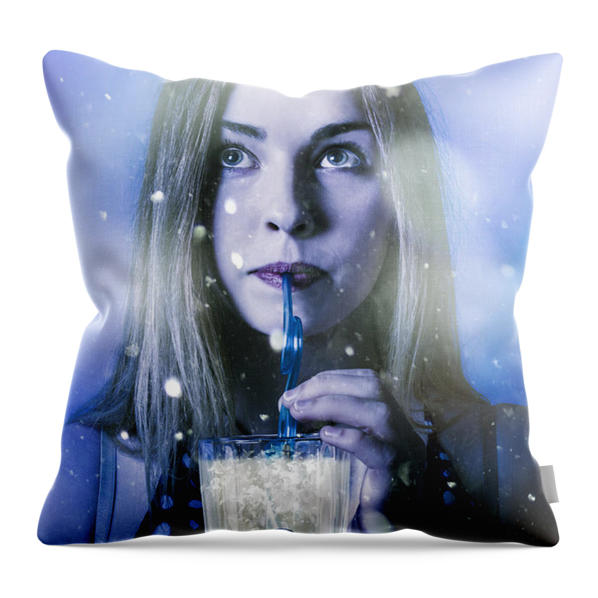 Milkshake Throw Pillow featuring the photograph Winter woman drinking ice cold drink by Jorgo Photography