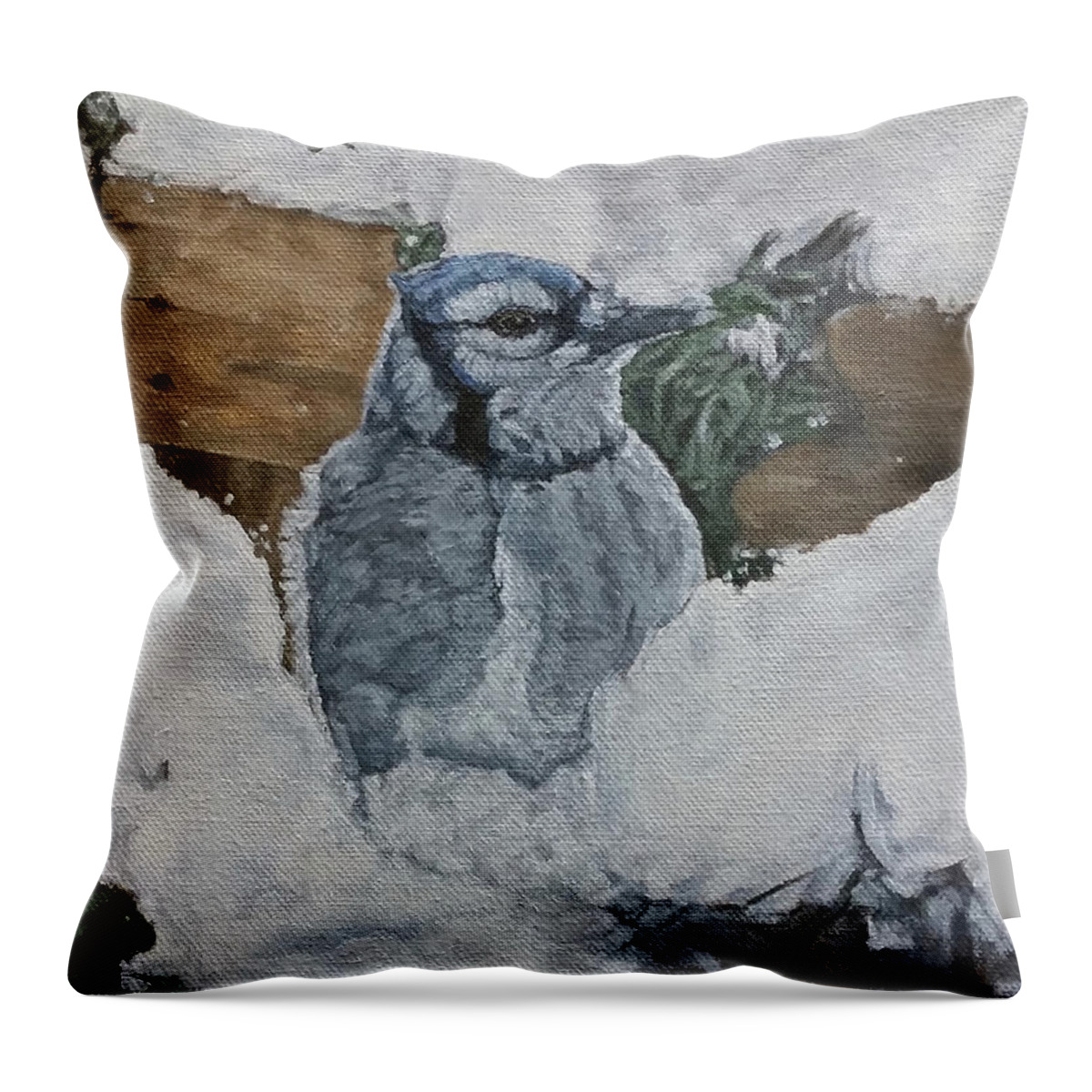 Blue Jay Throw Pillow featuring the painting Winters Greeting by Wendy Shoults