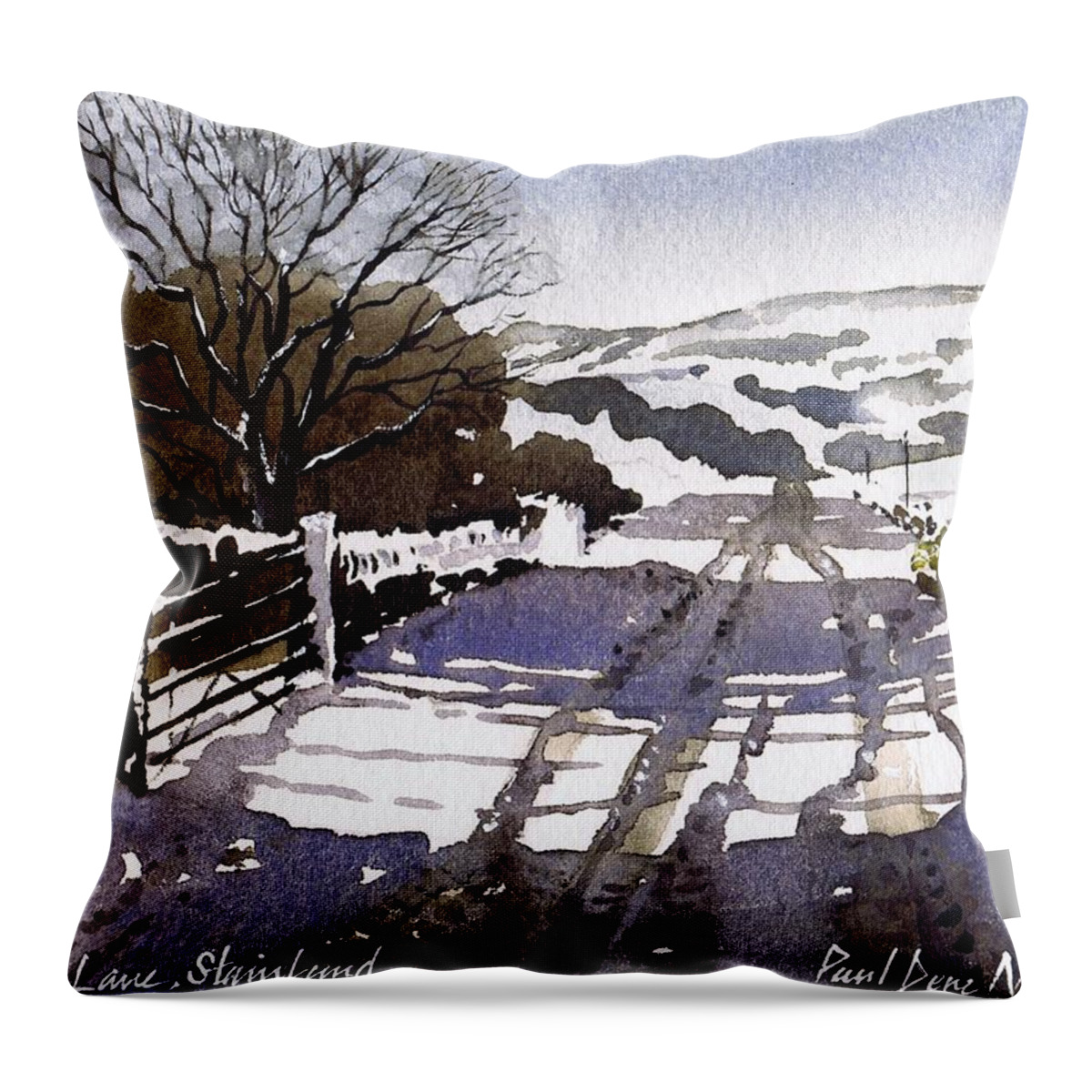 Winter Throw Pillow featuring the painting Winters Lane Stainland by Paul Dene Marlor