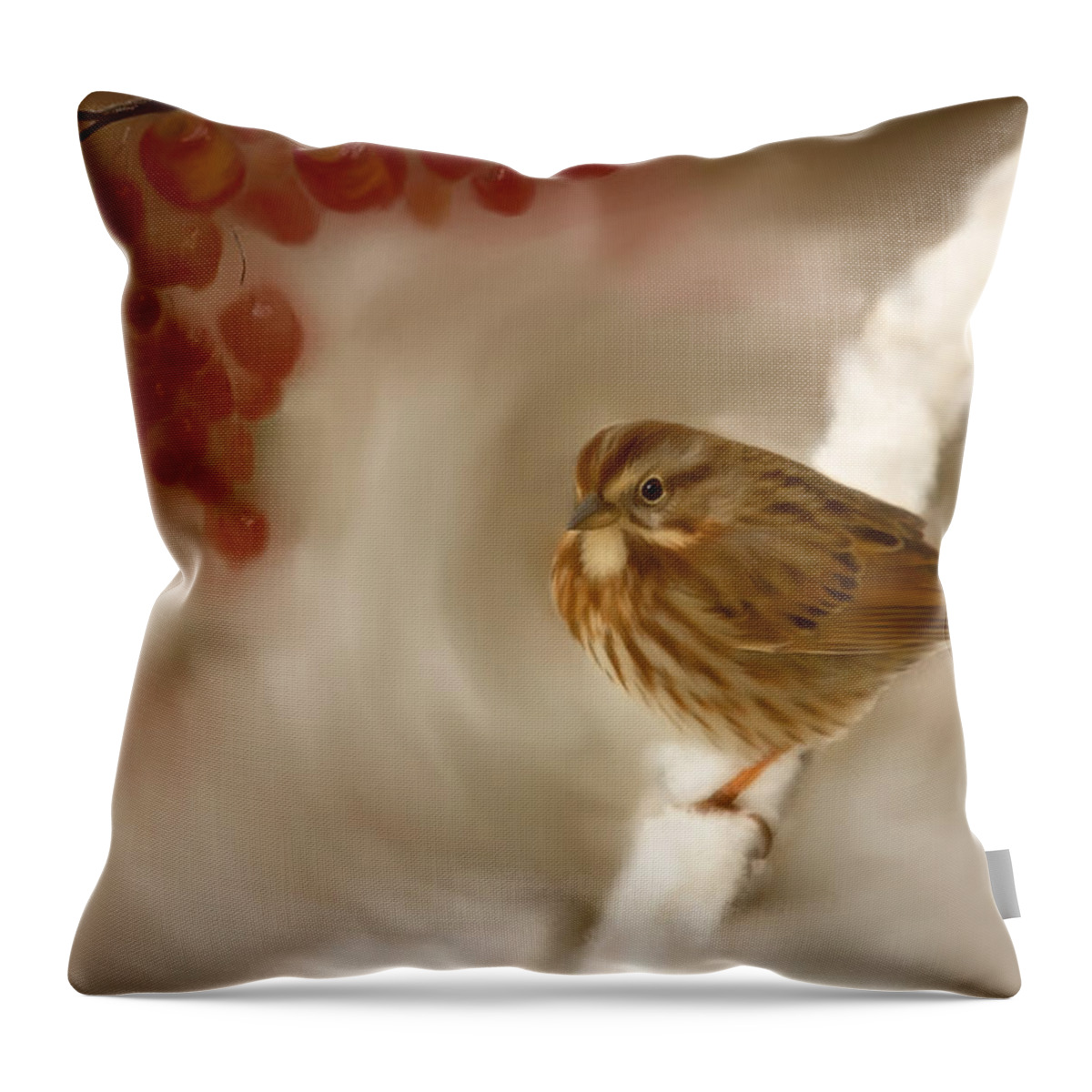 Wintertime Sparrow Throw Pillow featuring the painting Wintertime Sparrow by Beve Brown-Clark Photography