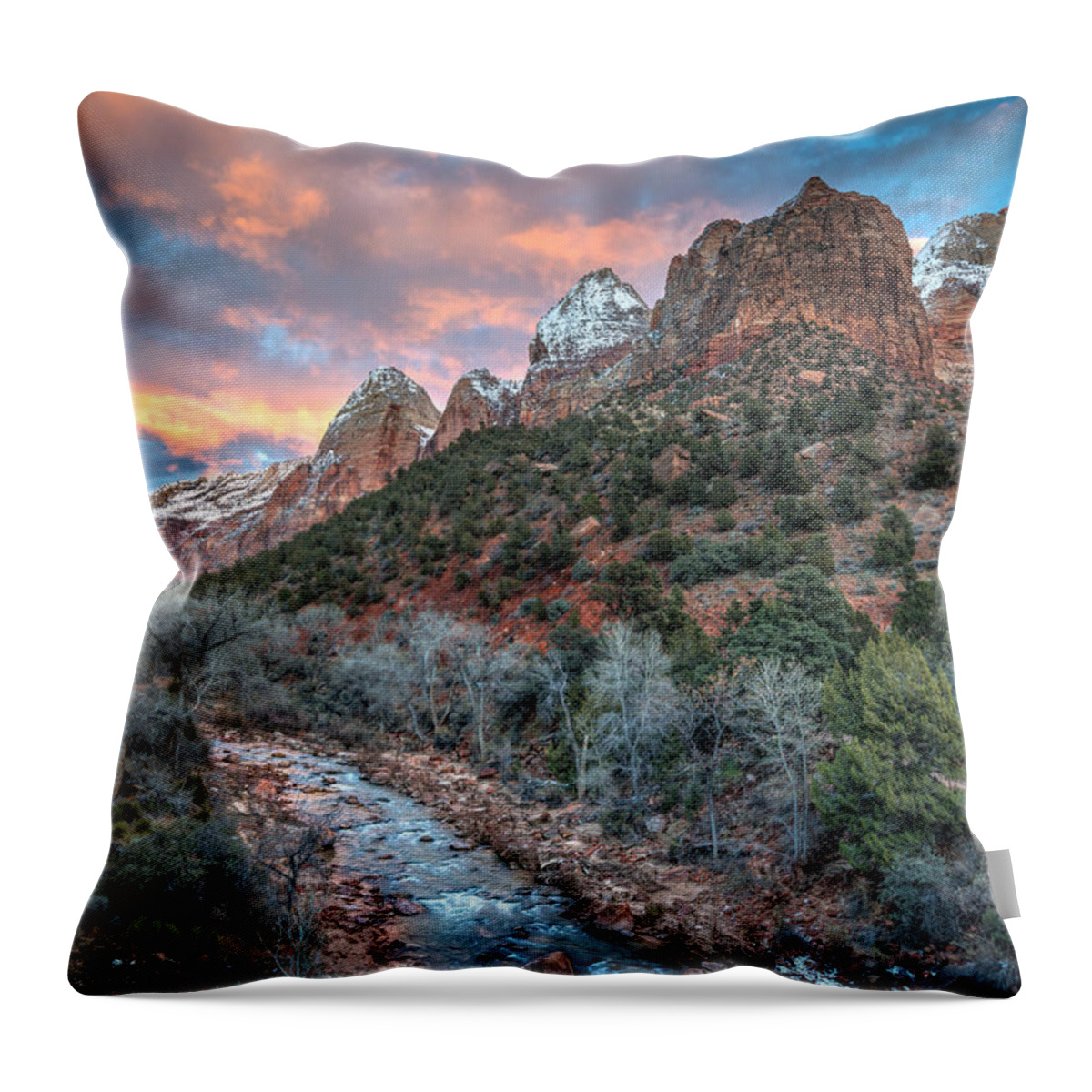 Zion National Park Throw Pillow featuring the photograph Wintery Sunset at Zion National Park by James Udall