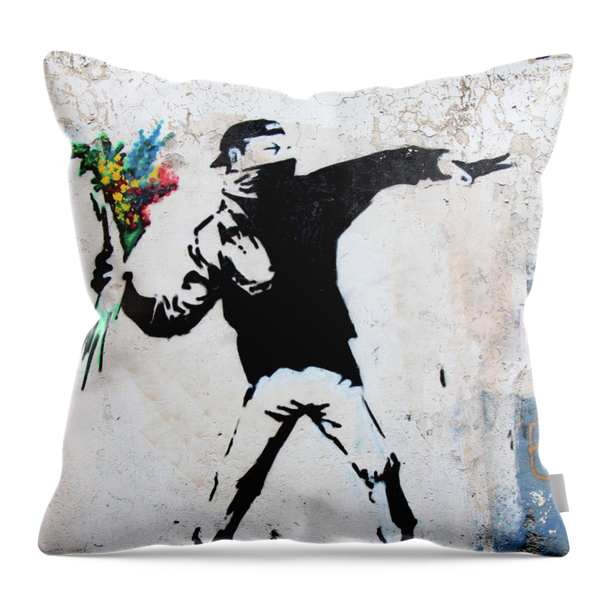 Banksy Replica Throw Pillow featuring the photograph With Love and Flowers by Munir Alawi