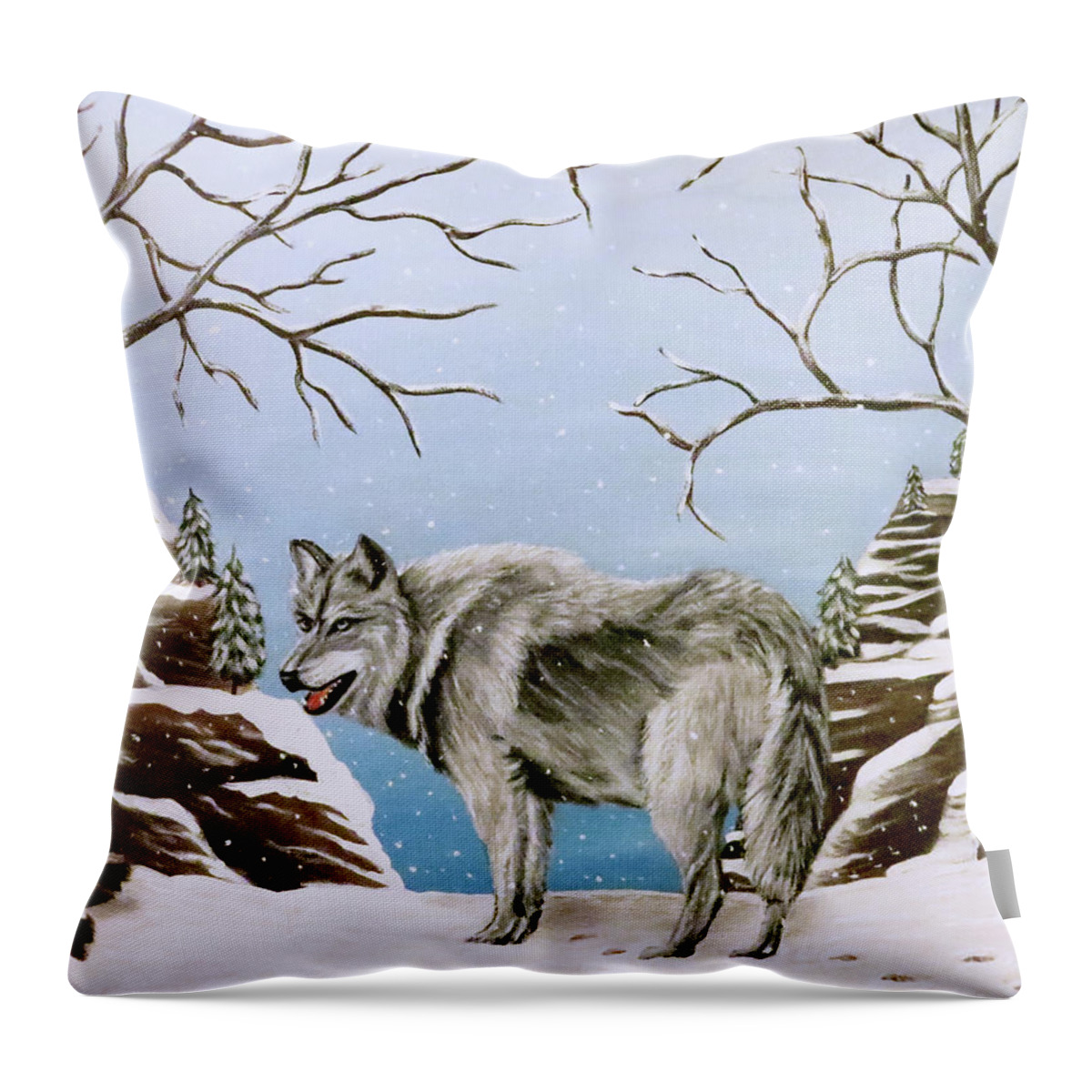 Acrylic Throw Pillow featuring the painting Wolf in Winter by Teresa Wing