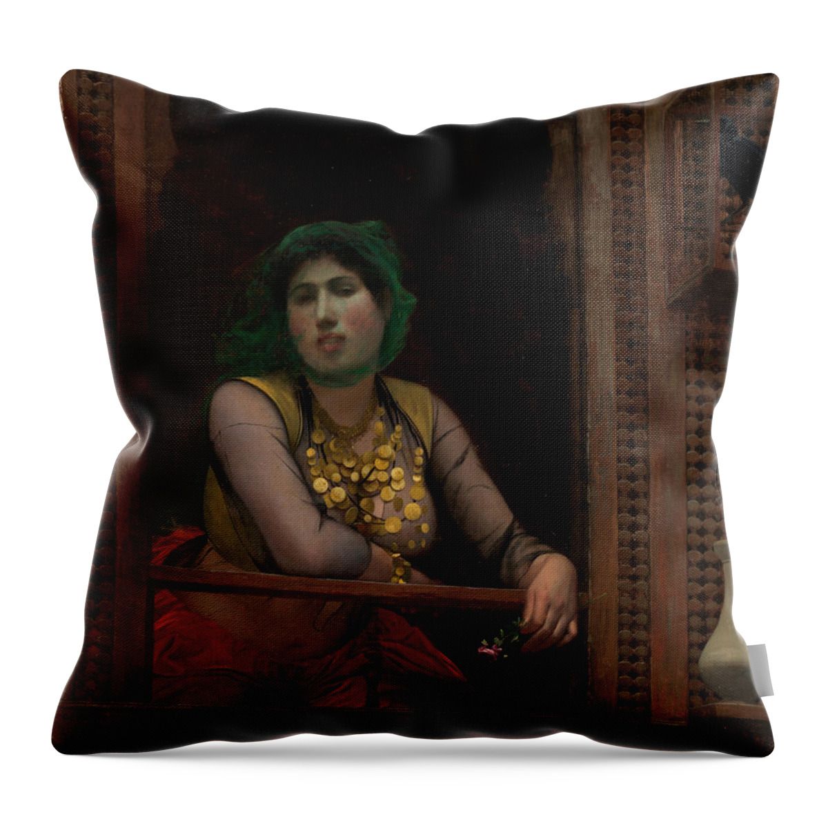 Jean-leon Gerome Throw Pillow featuring the painting Woman at a Balcony by Jean-Leon Gerome