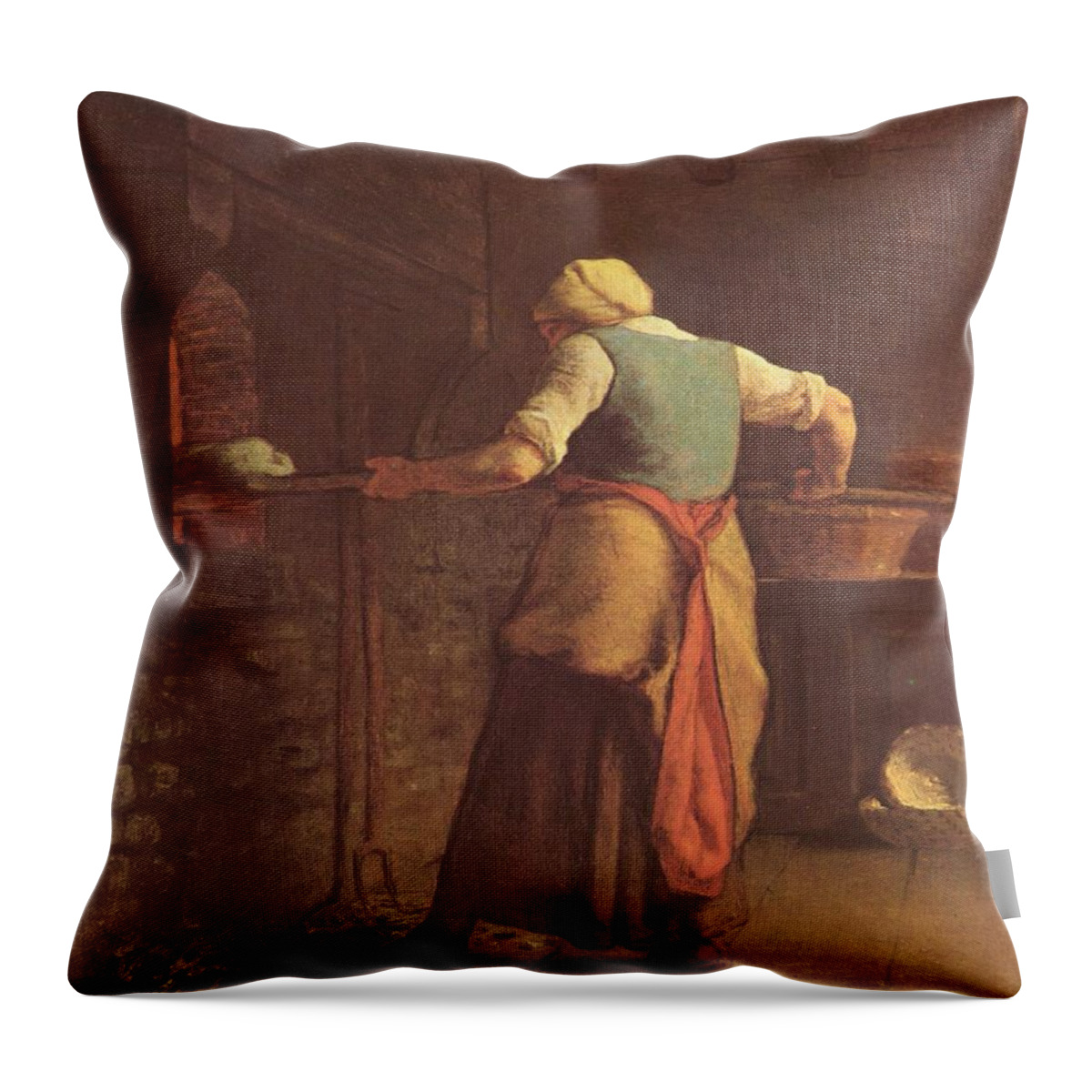 Woman Baking Bread - Jean-francois Millet Throw Pillow featuring the painting Woman baking bread by MotionAge Designs