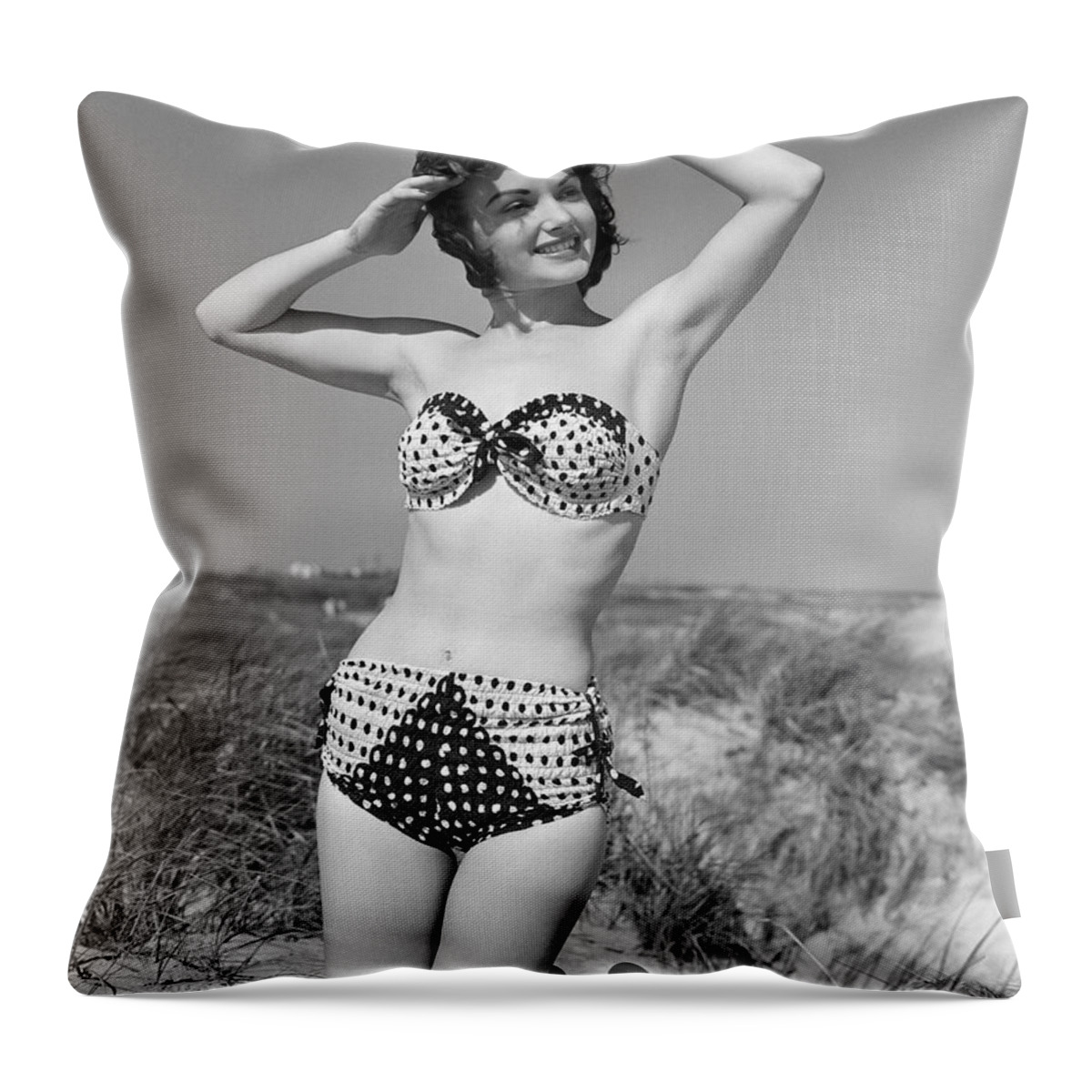 1950s Throw Pillow featuring the photograph Woman In Bikini, C.1950s by H. Armstrong Roberts/ClassicStock