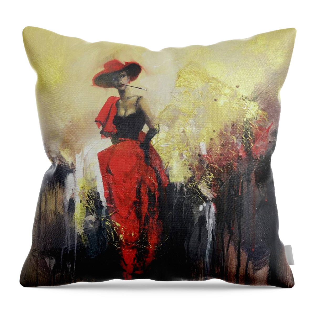 Lady In Red; John Dillinger; Abstract; Abstract Expressionism; Figurative Abstraction; Tom Shropshire Painting; Biograph Theater; Public Enemy Throw Pillow featuring the painting Woman in Red by Tom Shropshire