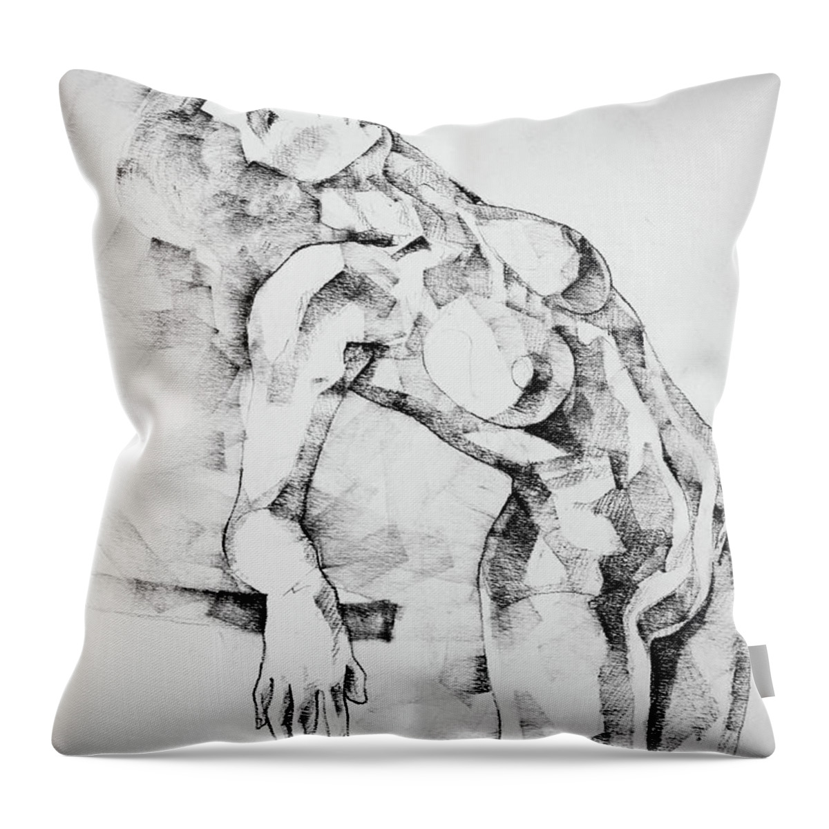 Drawing Throw Pillow featuring the drawing Woman Portrait With A Raised Hand Art Drawing by Dimitar Hristov