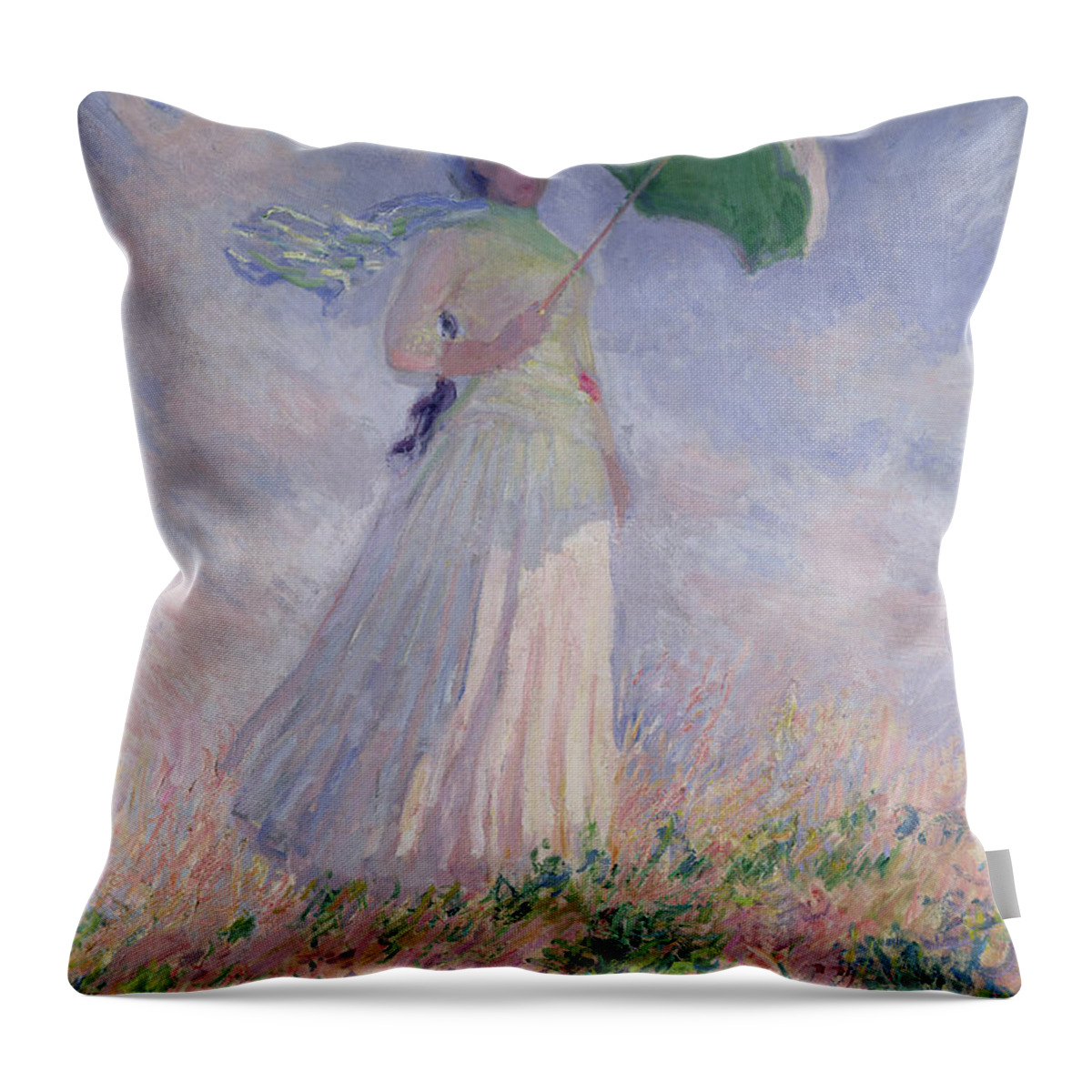 Woman Throw Pillow featuring the painting Woman with a Parasol turned to the Right by Claude Monet