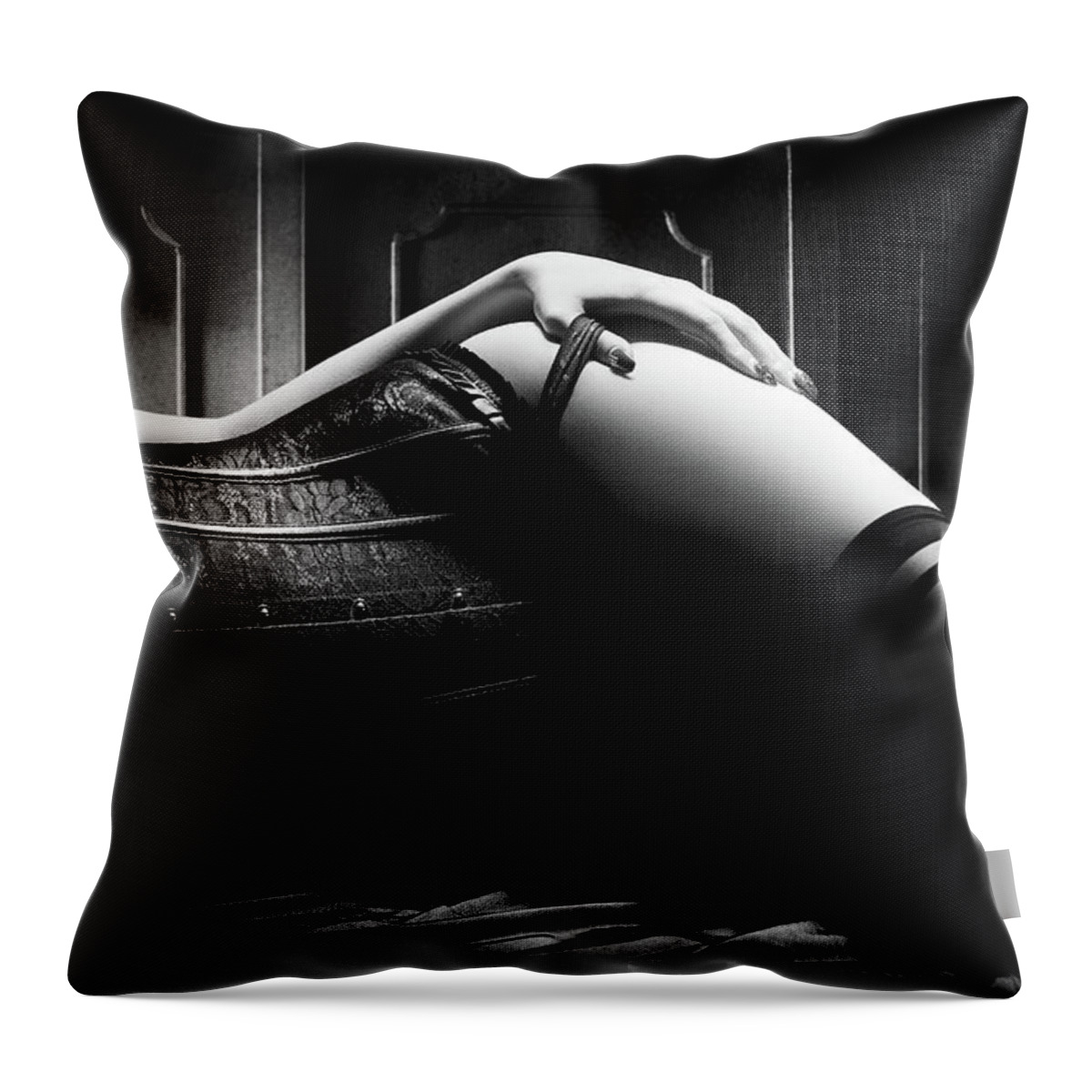 Woman Throw Pillow featuring the photograph Woman with black corset by Johan Swanepoel