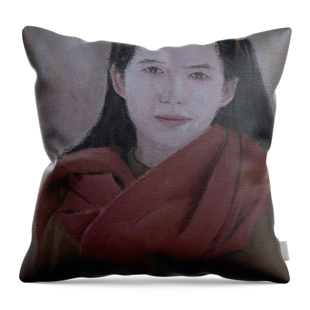 Portrait Throw Pillow featuring the painting Woman With Scarf by Masami Iida