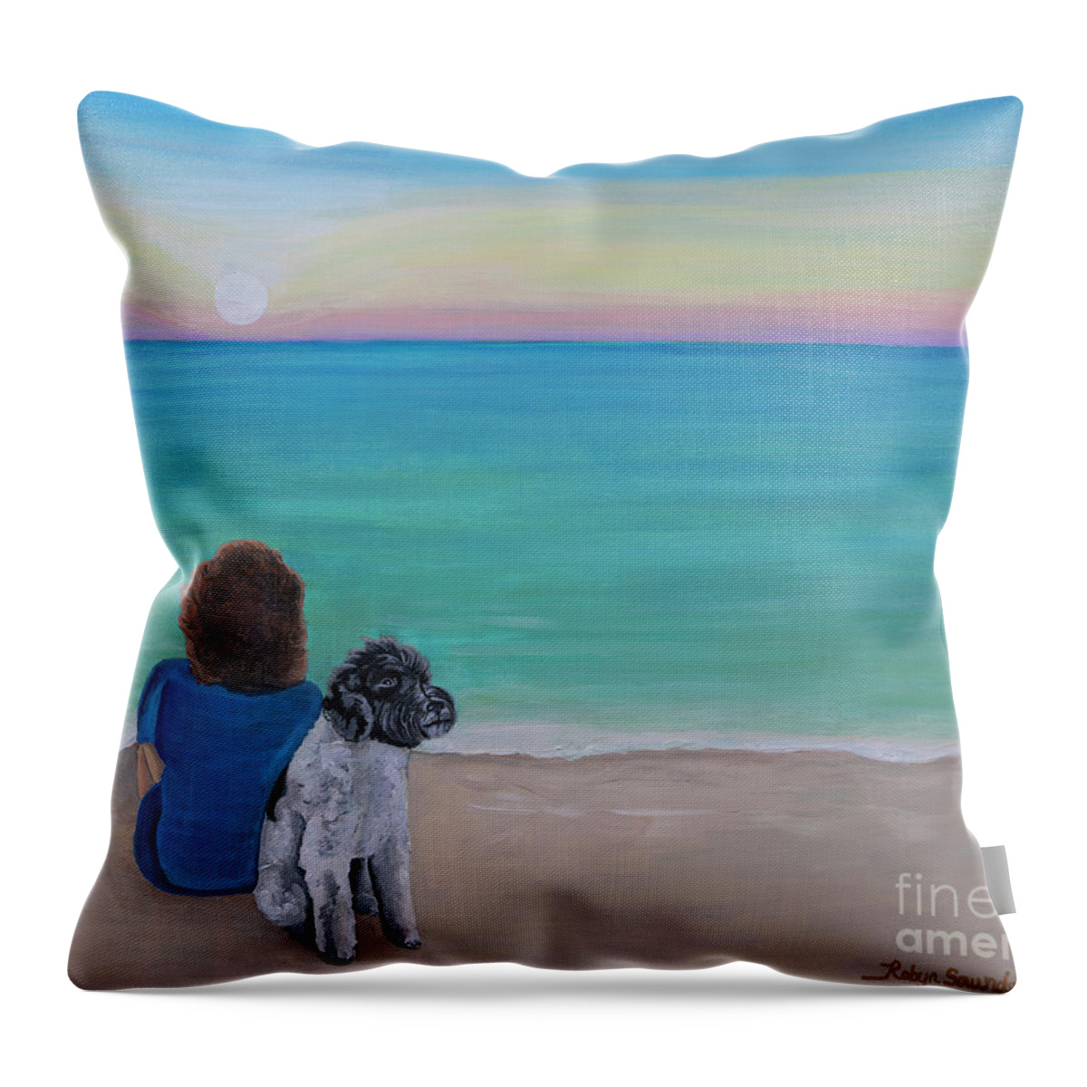 Beach Dog Throw Pillow featuring the painting Woman's Best Friend by Robyn Saunders