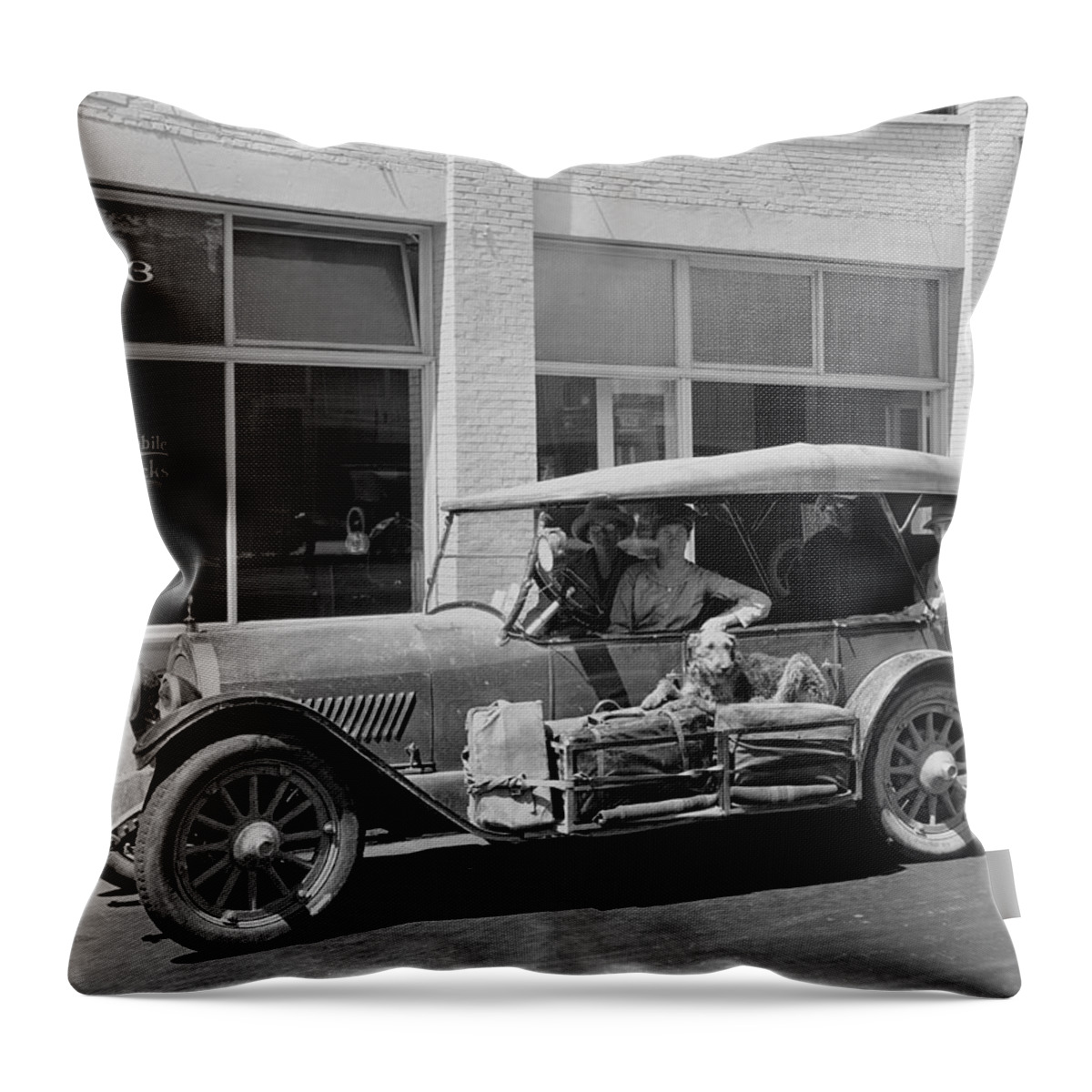 1910s Throw Pillow featuring the photograph Women Traveling In A 1919 Car by Underwood Archives