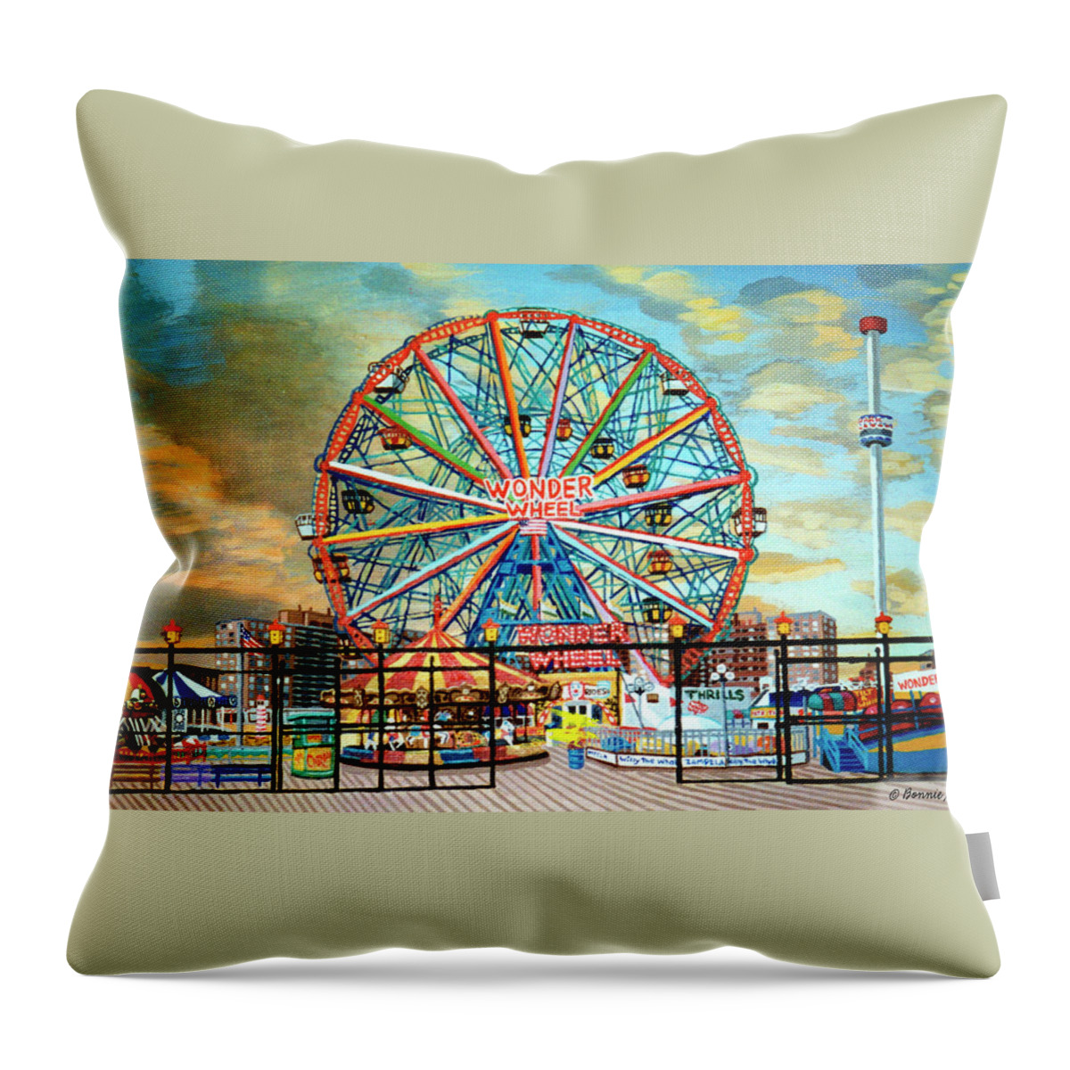  Throw Pillow featuring the painting Wonder Wheel by Bonnie Siracusa