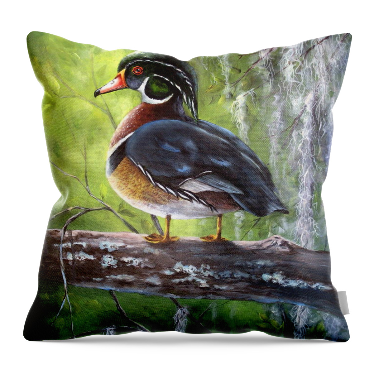 Duck Throw Pillow featuring the painting Wood Duck by Mary McCullah