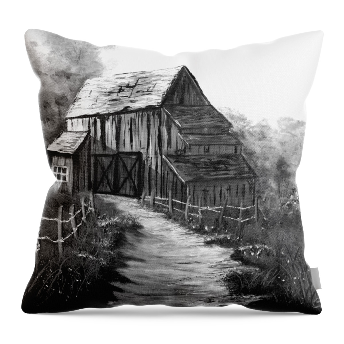 Black And White Throw Pillow featuring the painting Wooden Barn In Black And White by Claude Beaulac