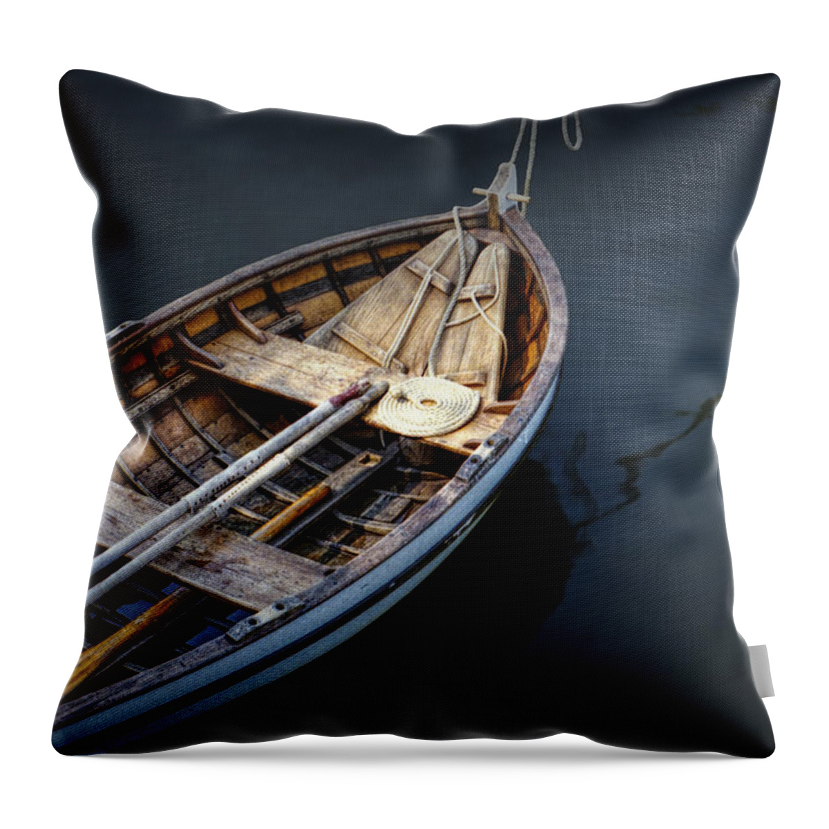 Jamestown Throw Pillow featuring the photograph Wooden Rowboat Dingy in the Harbor at Jamestown by Randall Nyhof