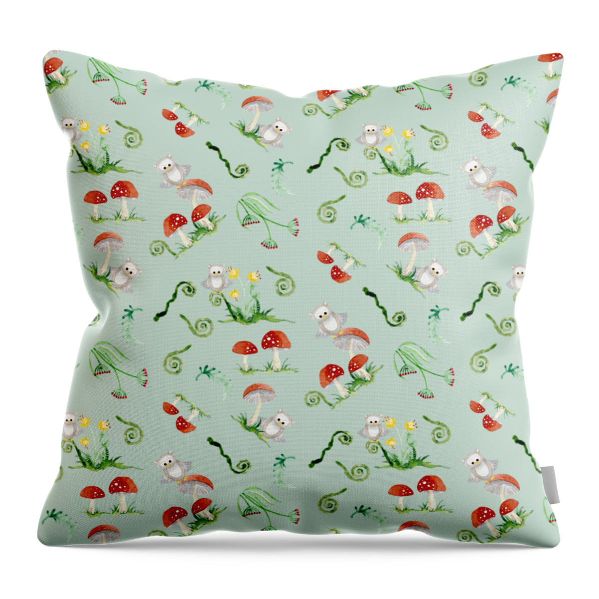 Red Mushrooms Throw Pillow featuring the painting Woodland Fairy Tale - Red Mushrooms n Owls by Audrey Jeanne Roberts
