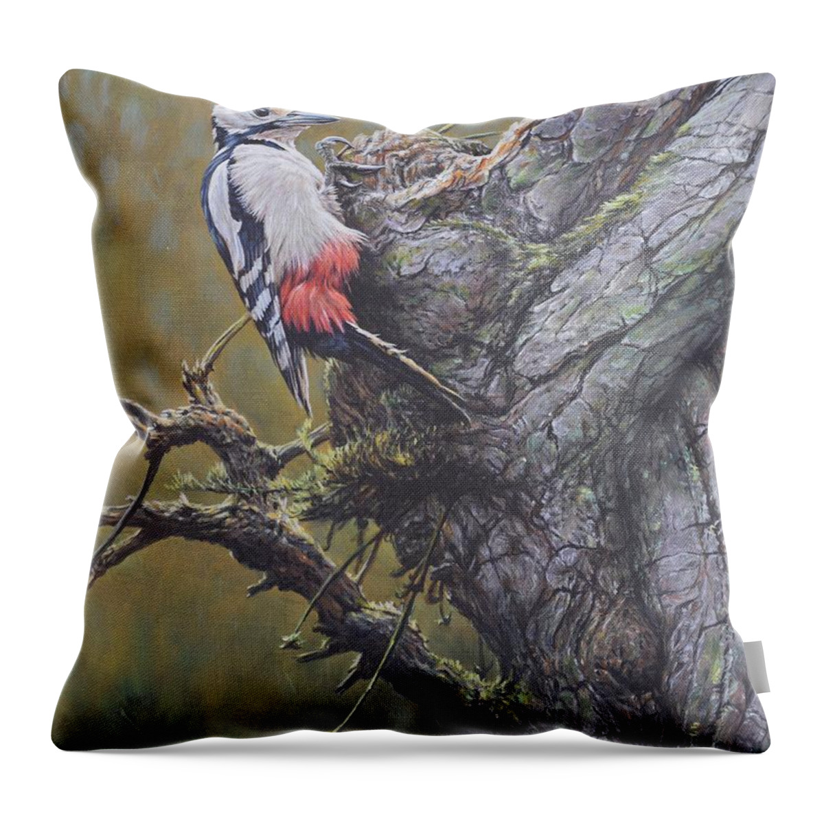 Wildlife Paintings Throw Pillow featuring the painting Woodpecker on Tree by Alan M Hunt