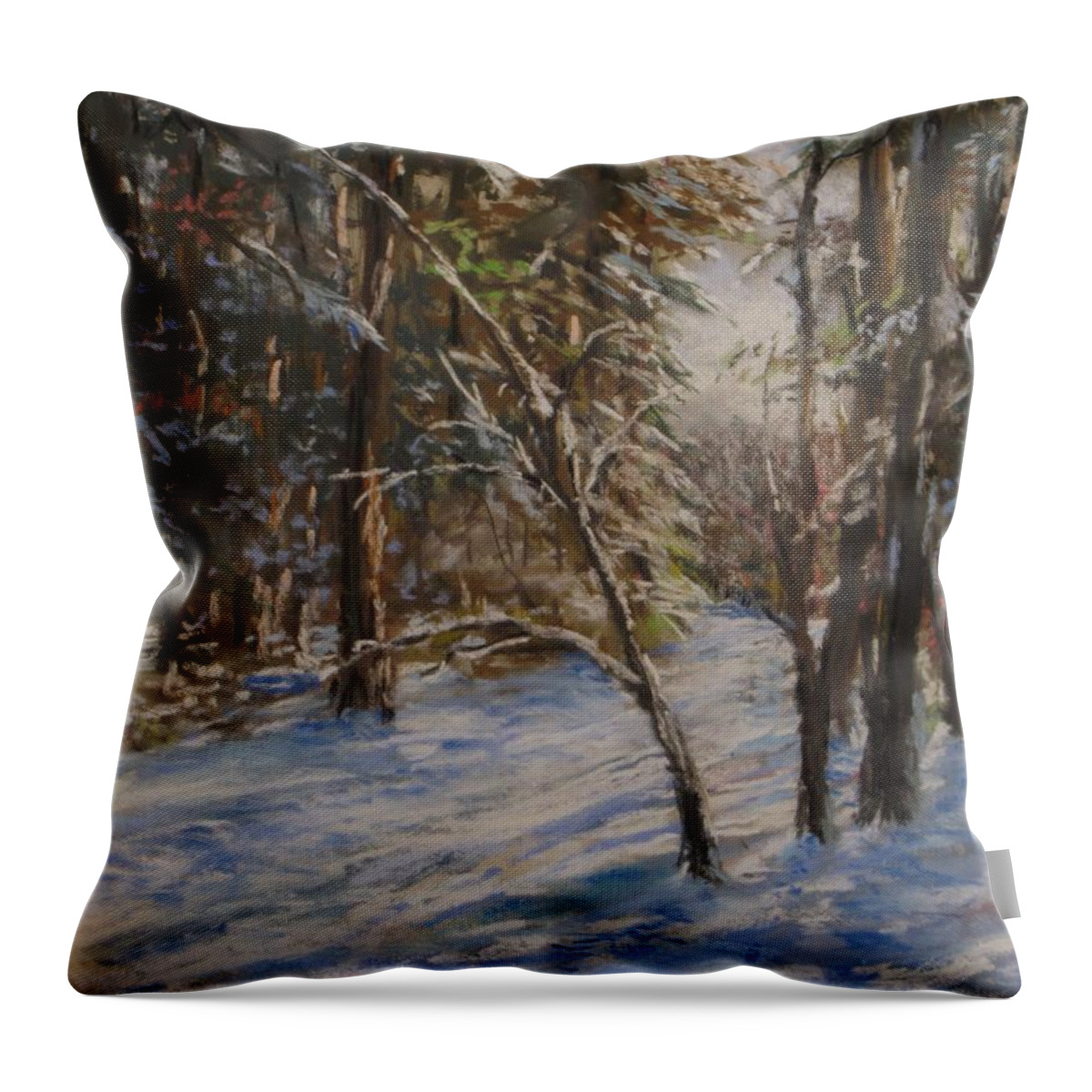 Snow Throw Pillow featuring the pastel Woods and Snow at Two Below by Jack Skinner