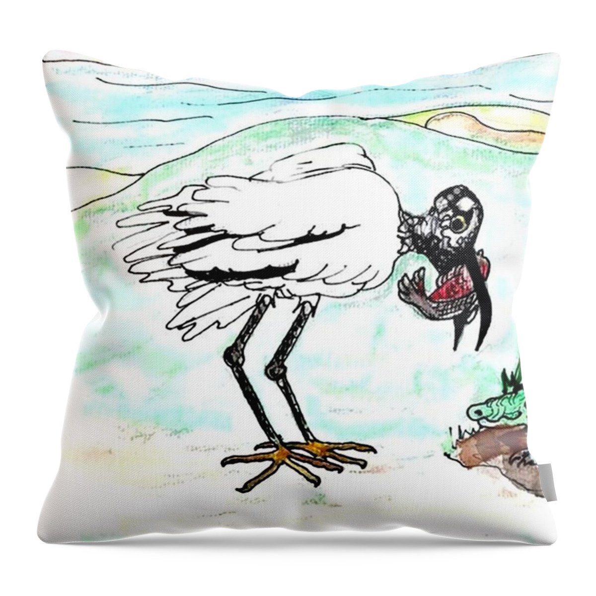 Woodstork Throw Pillow featuring the drawing Woodstork catch by Carol Allen Anfinsen