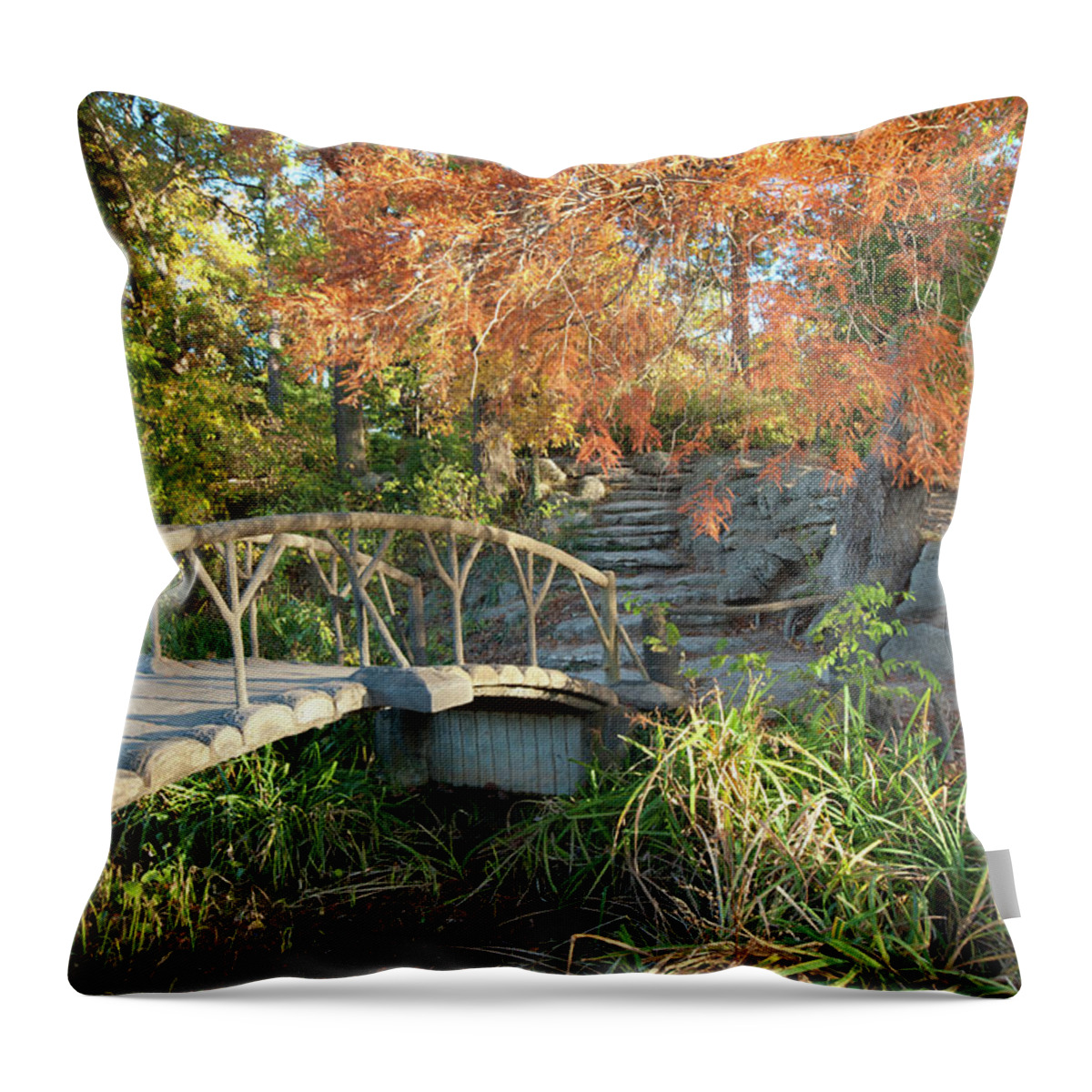 America Throw Pillow featuring the photograph Woodward Park Bridge in Autumn - Tulsa Oklahoma by Gregory Ballos