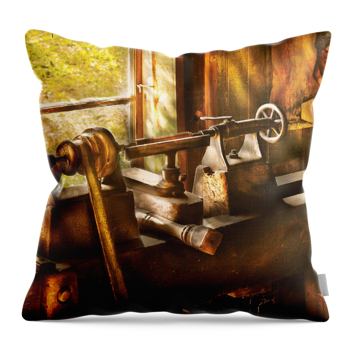 Woodworker Throw Pillow featuring the photograph Woodworker - An Old Lathe by Mike Savad