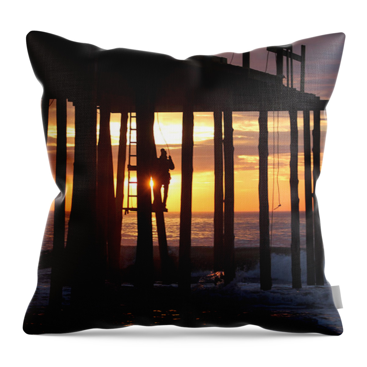 Work Throw Pillow featuring the photograph Working On The Pier At Dawn by Robert Banach