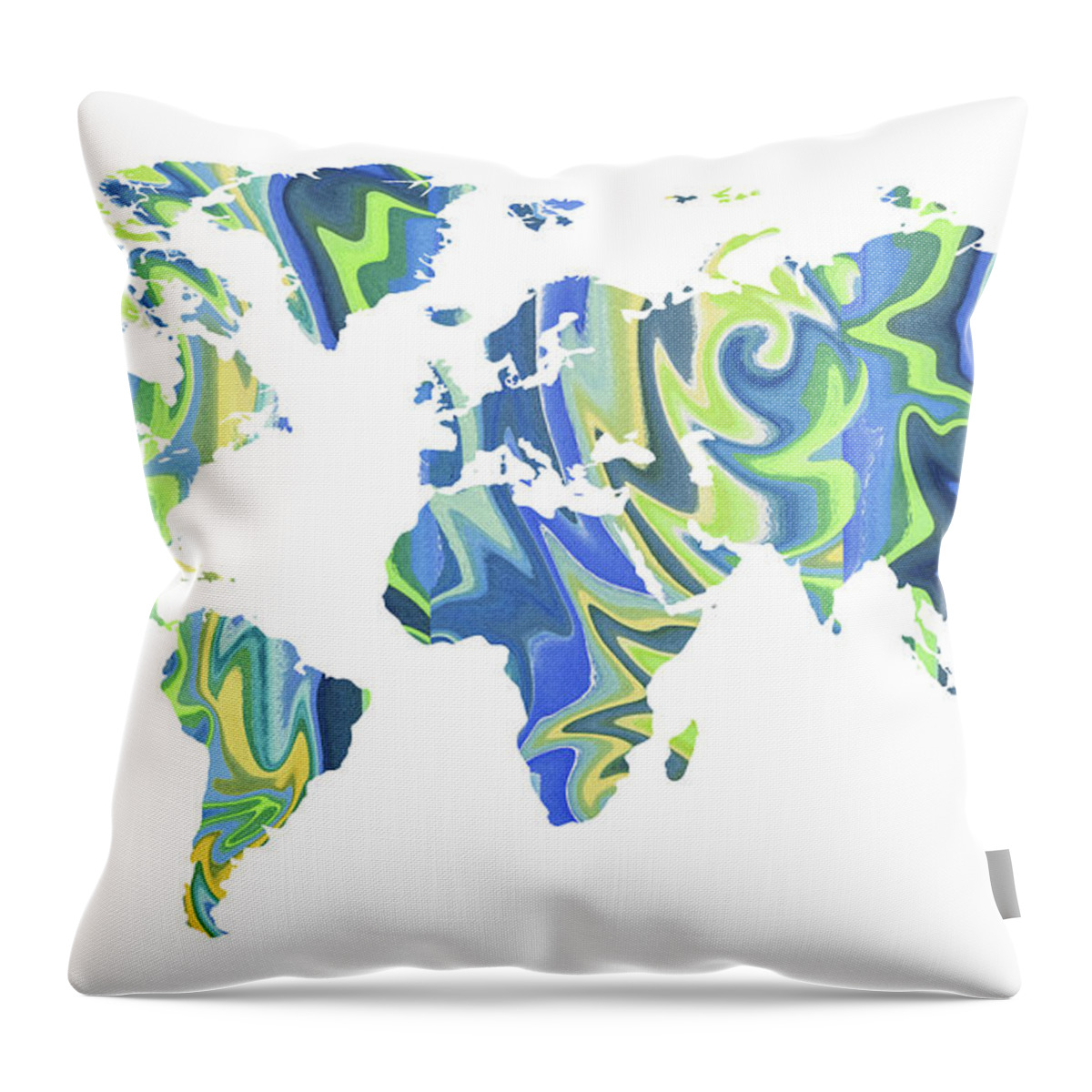 World Throw Pillow featuring the painting World Map Organic Blue by Irina Sztukowski