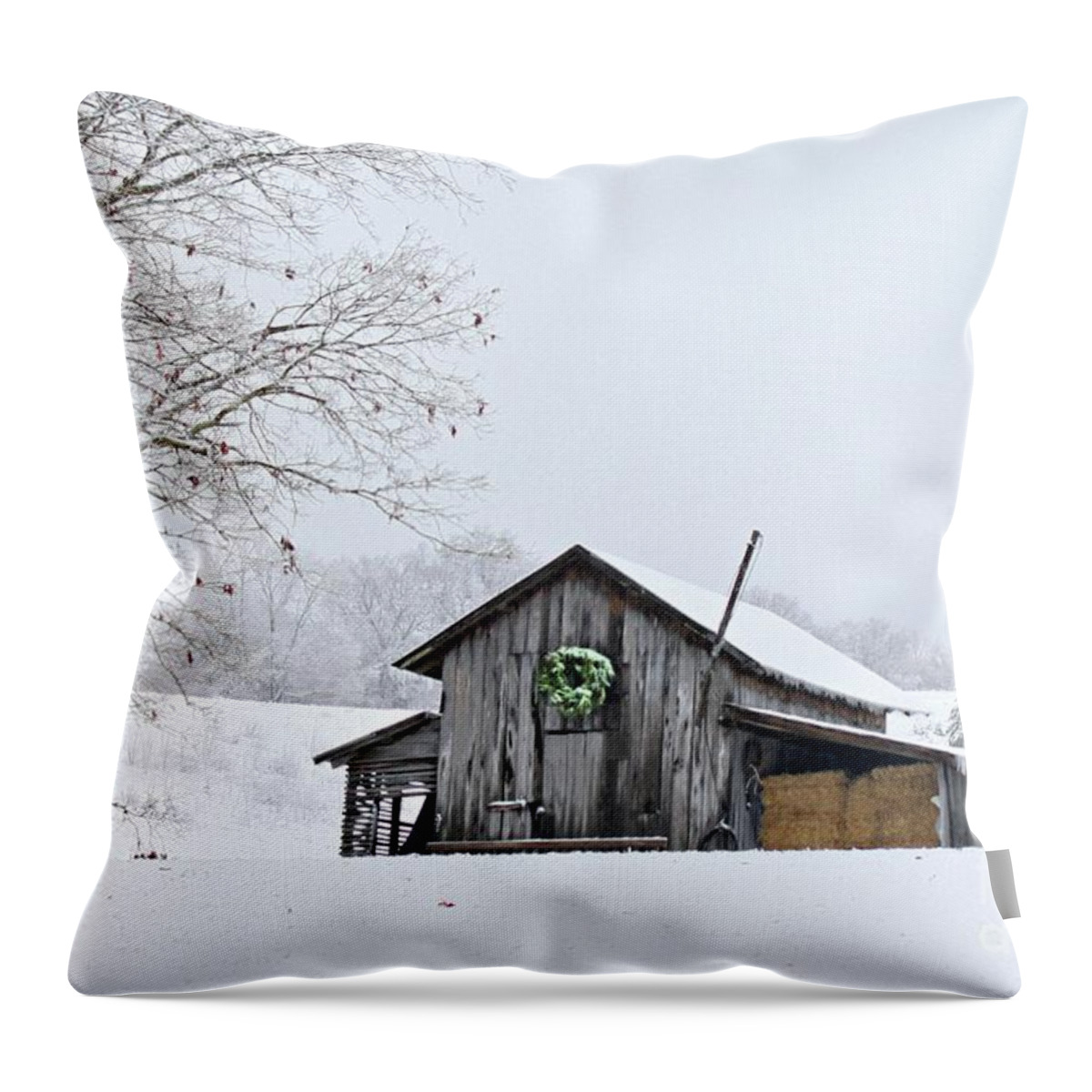 Christmas Wreath Throw Pillow featuring the photograph Wreath Barn by Benanne Stiens