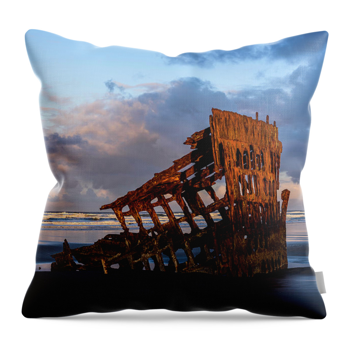 Beaches Throw Pillow featuring the photograph Wreck of the Peter Iredale by Robert Potts