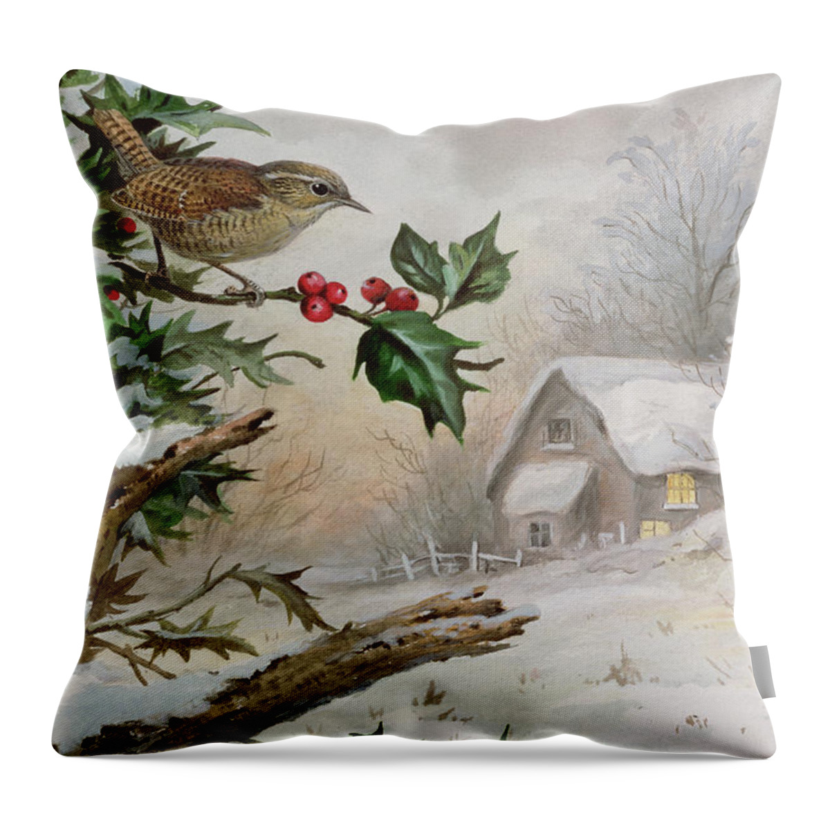 Holly Throw Pillow featuring the painting Wren in Hollybush by a cottage by Carl Donner