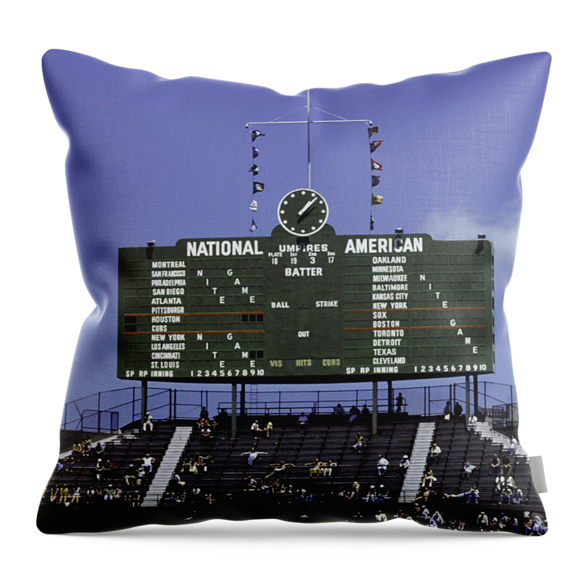 Baseball Throw Pillow featuring the photograph Wrigley Field Classic Scoreboard 1977 by Paul Plaine