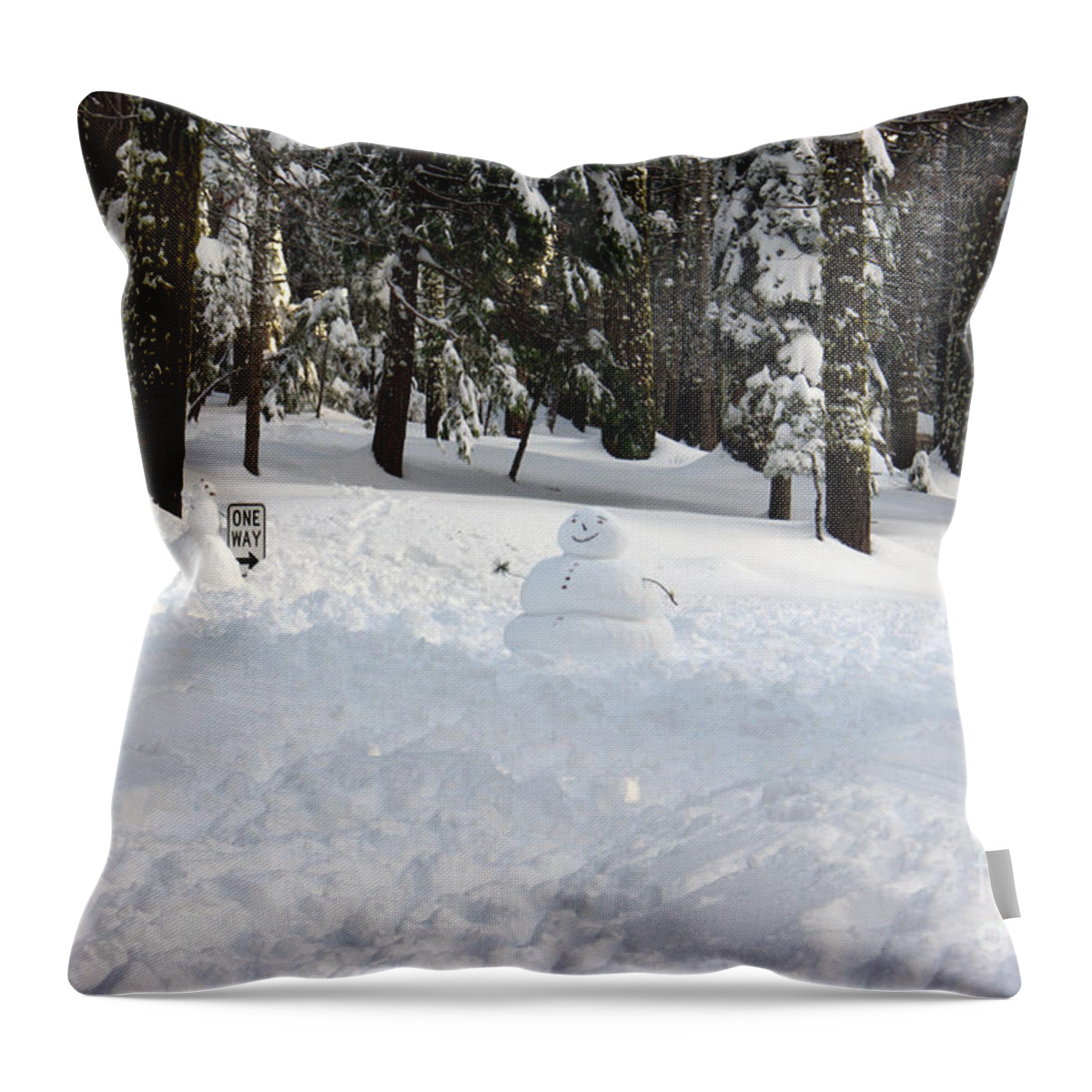 Snowman Throw Pillow featuring the photograph Wrong way snowman by Christine Jepsen