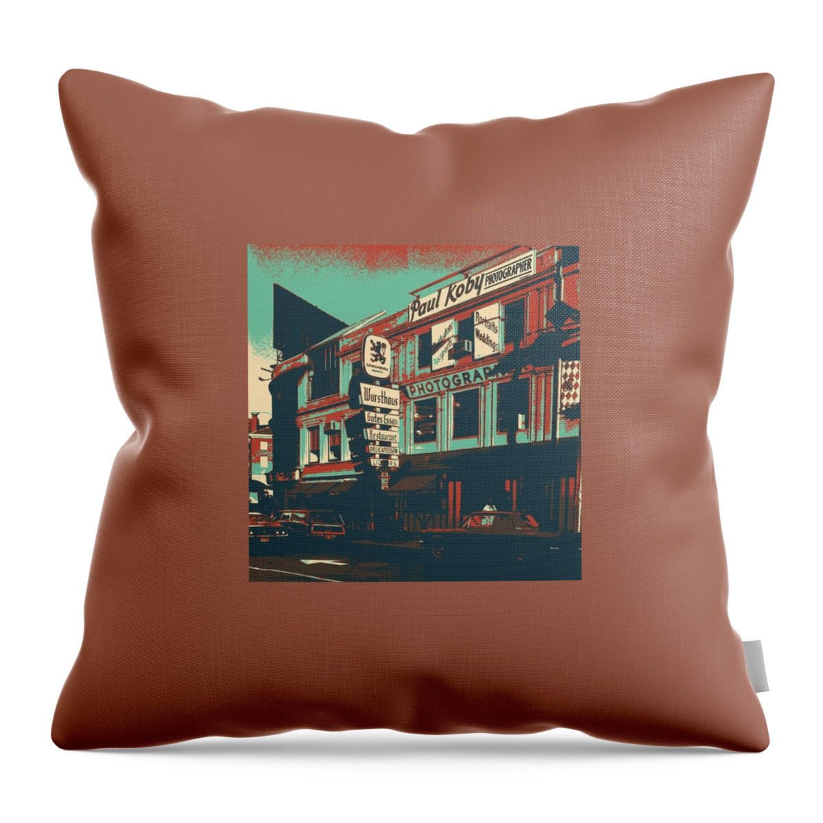 Harvard Sq Throw Pillow featuring the digital art Wursthause by Steve Glines