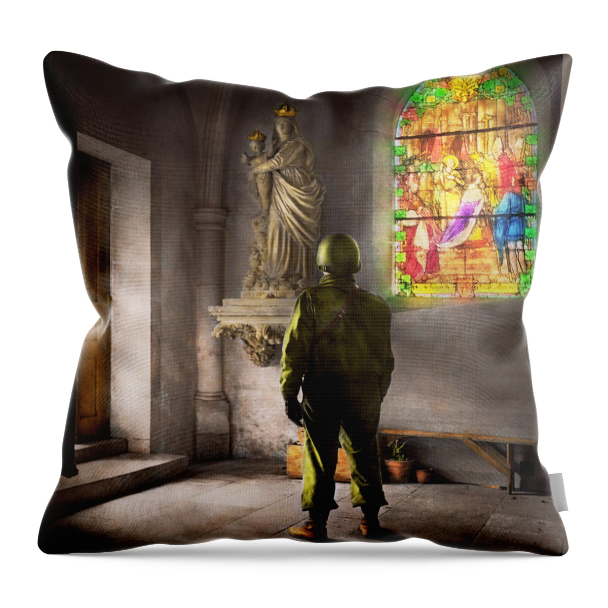 Soldier Throw Pillow featuring the photograph WWII - A prayer for Courage 1940 by Mike Savad