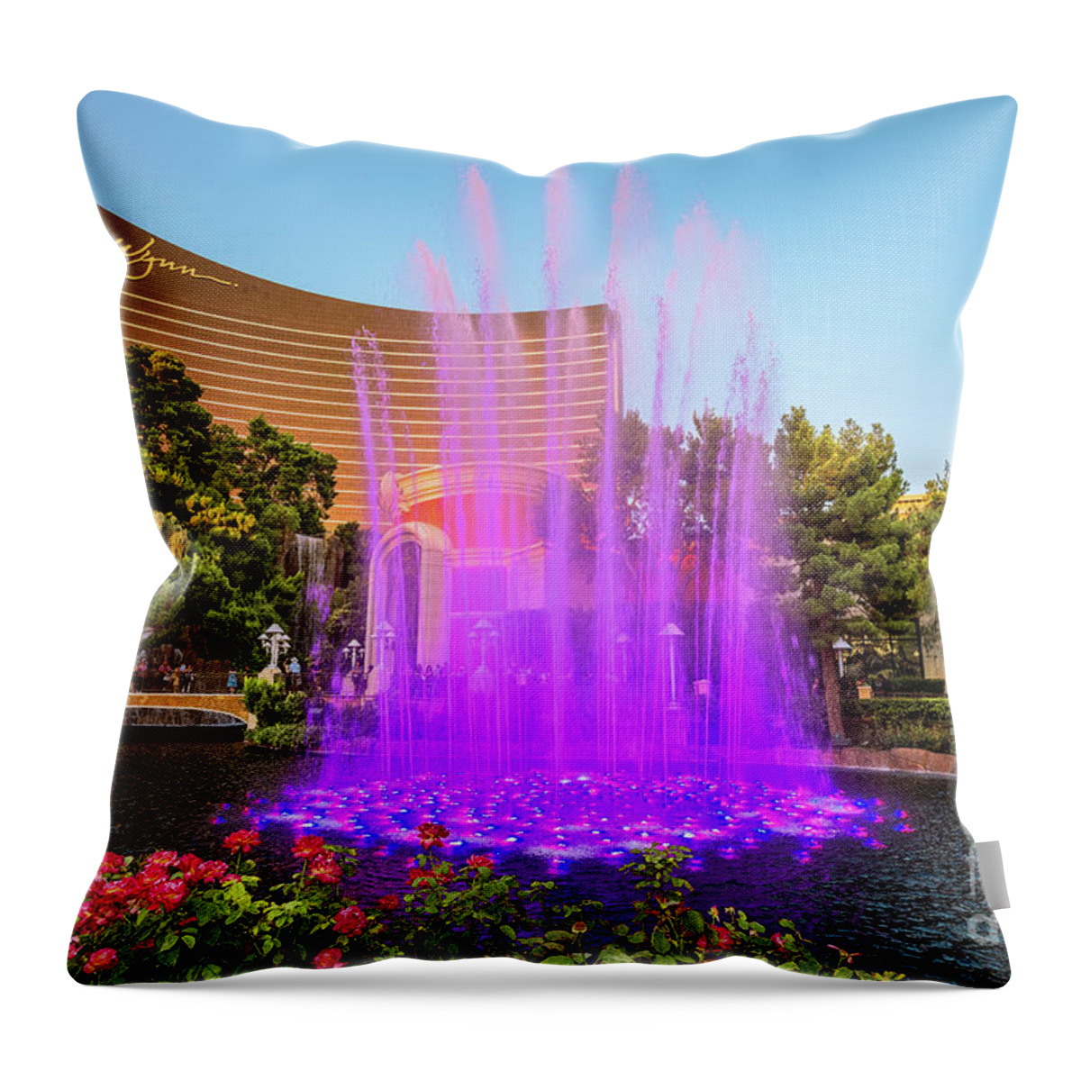 Wynn Casino Fountain Show Throw Pillow featuring the photograph Wynn Casino Fountains Purple Burst in the Afternoon by Aloha Art