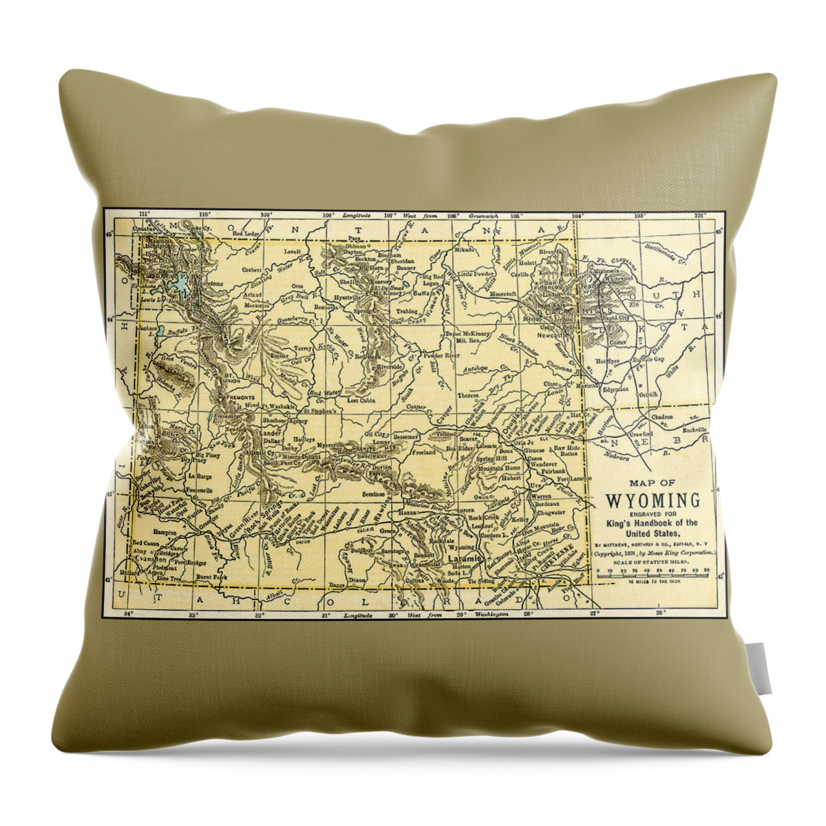 Wyoming Throw Pillow featuring the photograph Wyoming Antique Map 1891 by Phil Cardamone
