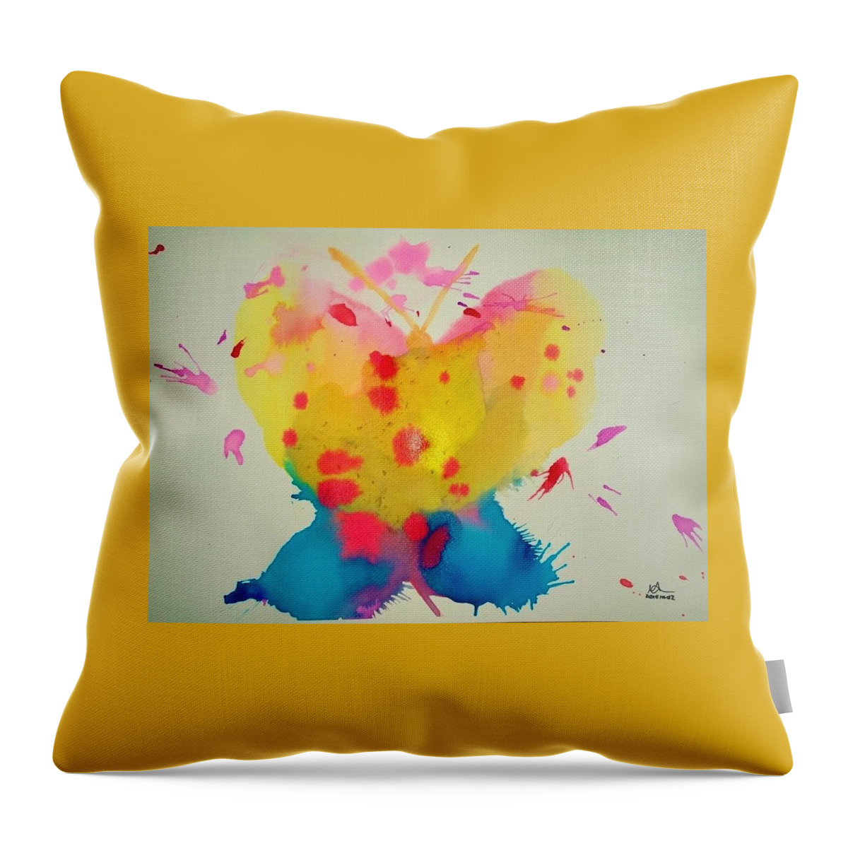 Yabble Throw Pillow featuring the painting YABBLE Yellow and Blue Butterfly by Mark C Jackson
