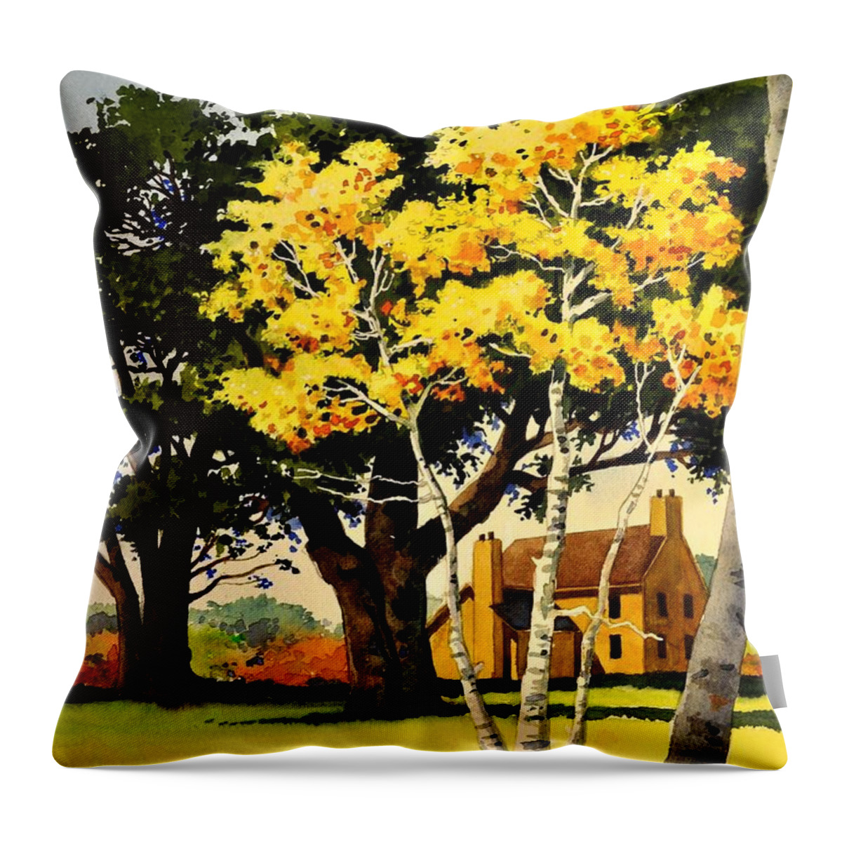 Watercolor Techniques Throw Pillow featuring the painting Yellow Birches by Robert W Cook 