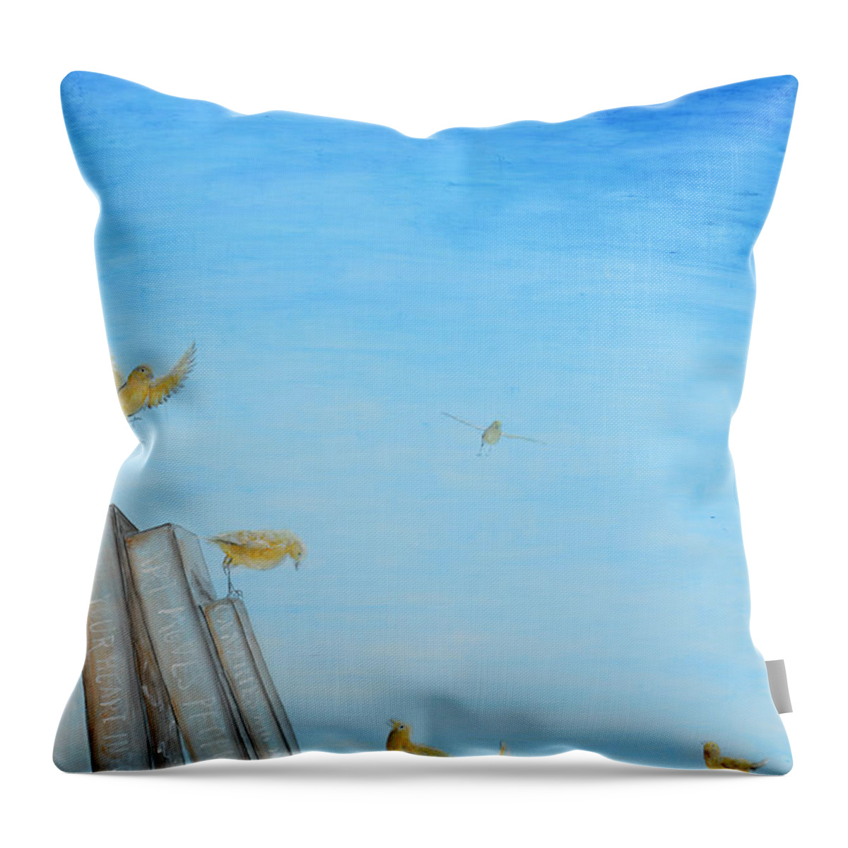 Canaries Throw Pillow featuring the painting Yellow Birds in the Blue3 by Nik Helbig
