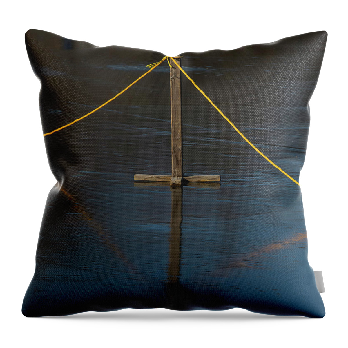 Thompson Park Throw Pillow featuring the photograph Yellow Boundary On Ice by Gary Slawsky