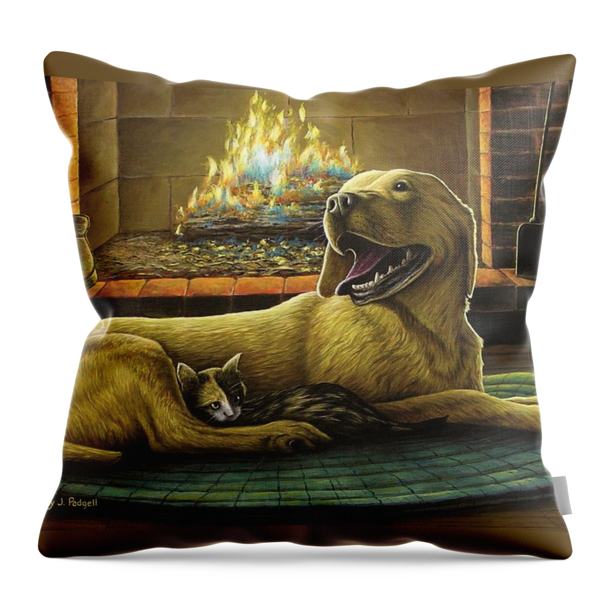 Yellow Lab Throw Pillow featuring the painting Yellow Lab with Kitten by Anthony J Padgett