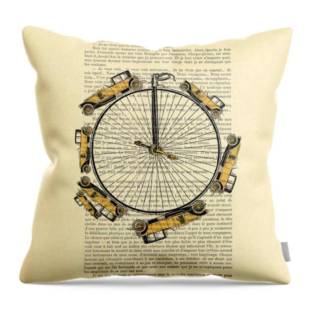 Car Throw Pillow featuring the digital art Yellow oldtimers on a bicycle wheel antique illustration on book page by Madame Memento