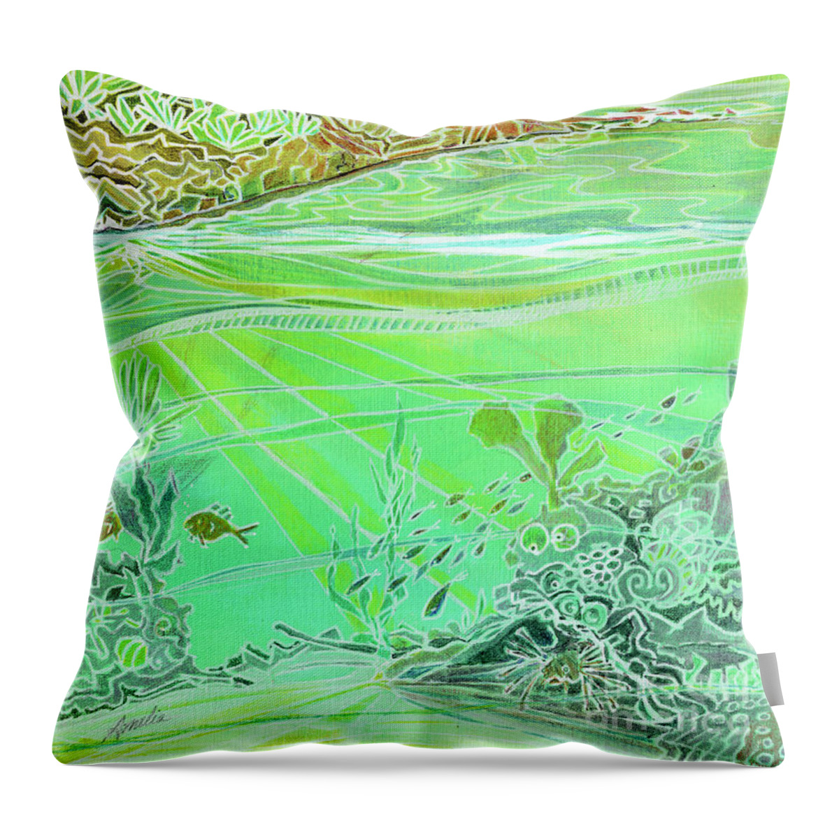 Reef Throw Pillow featuring the painting Yellow Reef by Amelia Stephenson at Ameliaworks