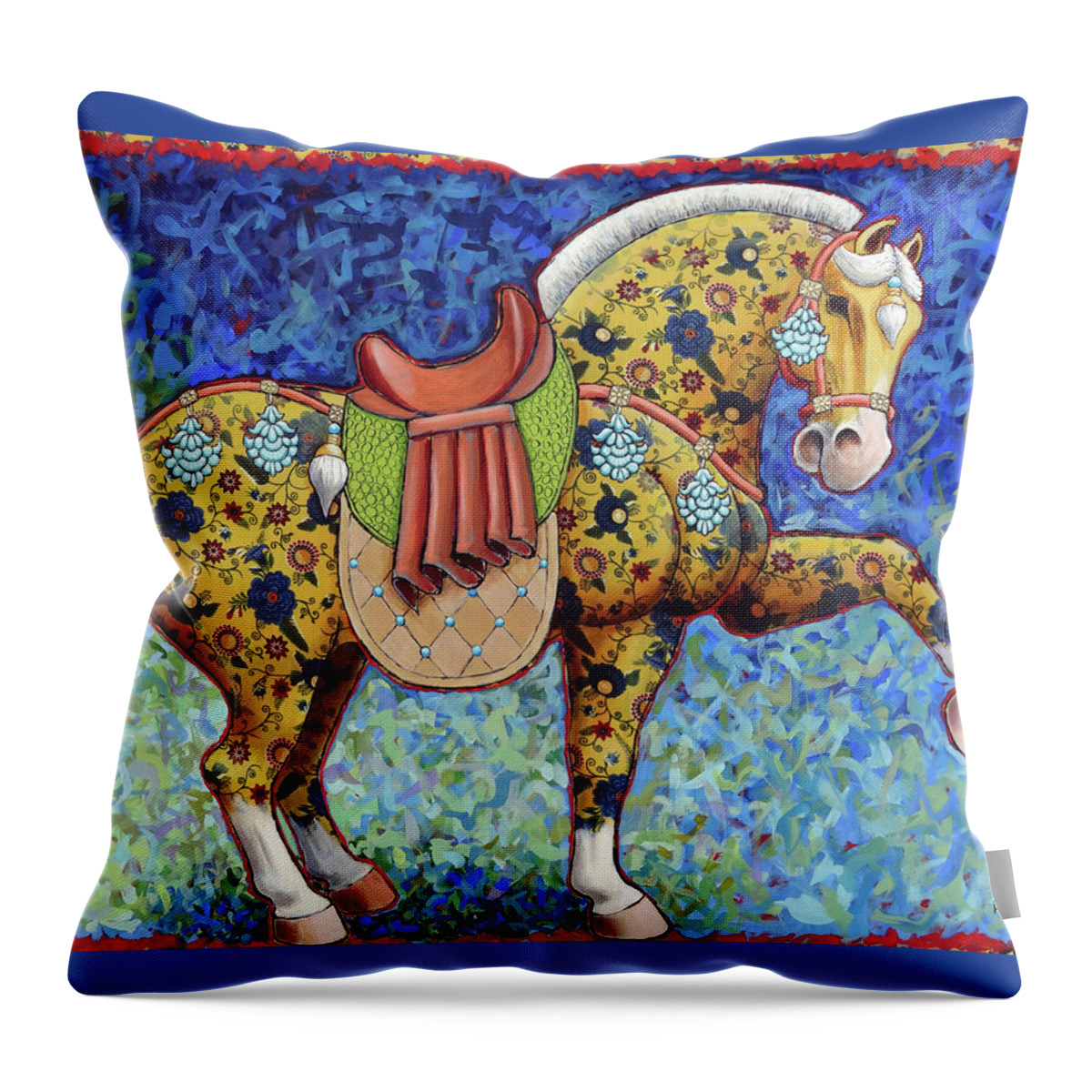 Chinese Horse Throw Pillow featuring the painting Yellow Tang Ride by Ande Hall