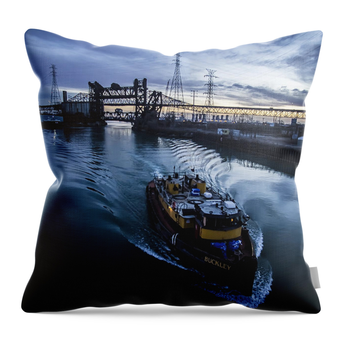 Tug Boat Throw Pillow featuring the photograph Yellow Tug Boat Approaching by Sven Brogren