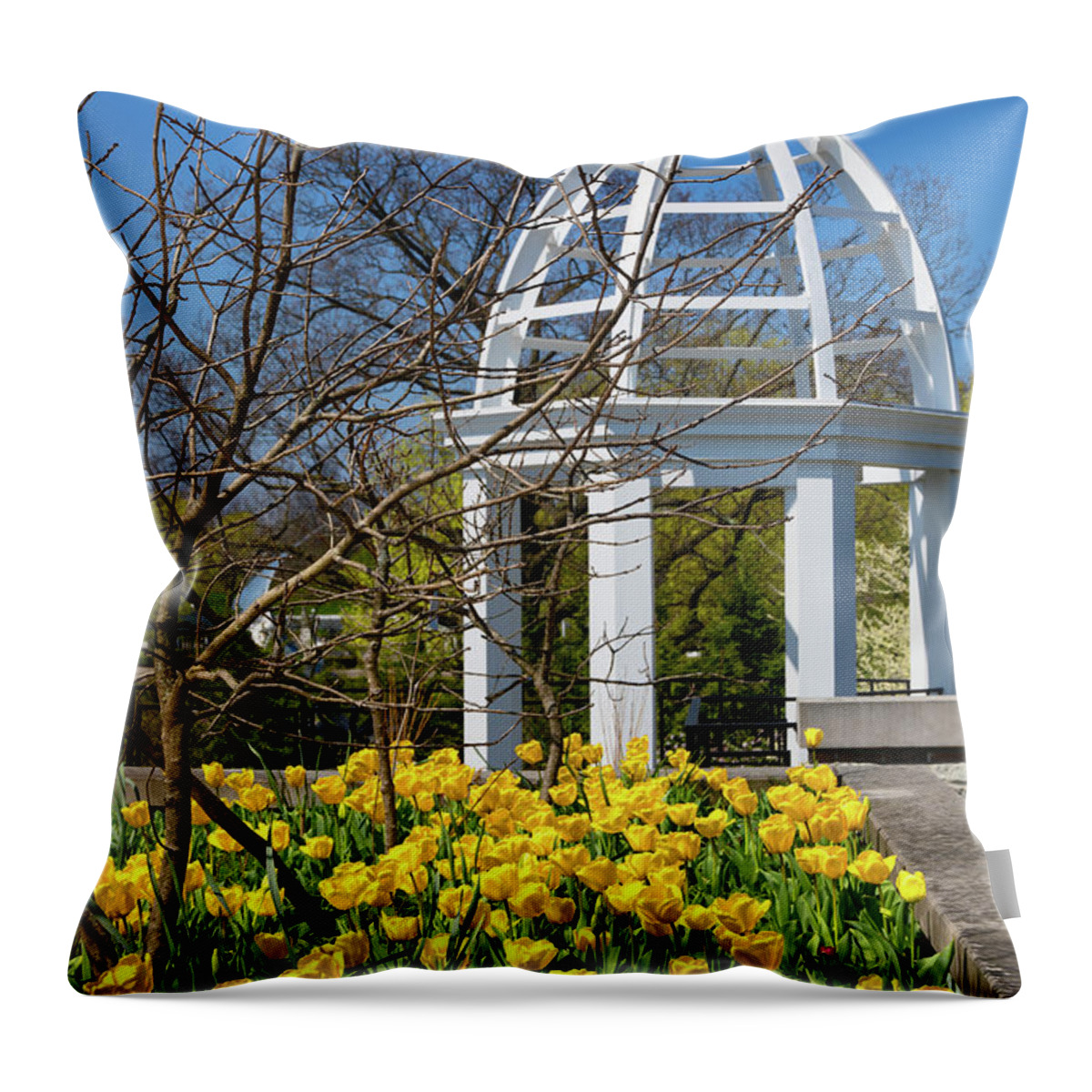 Tulip Throw Pillow featuring the photograph Yellow Tulips and Gazebo by Tom Mc Nemar